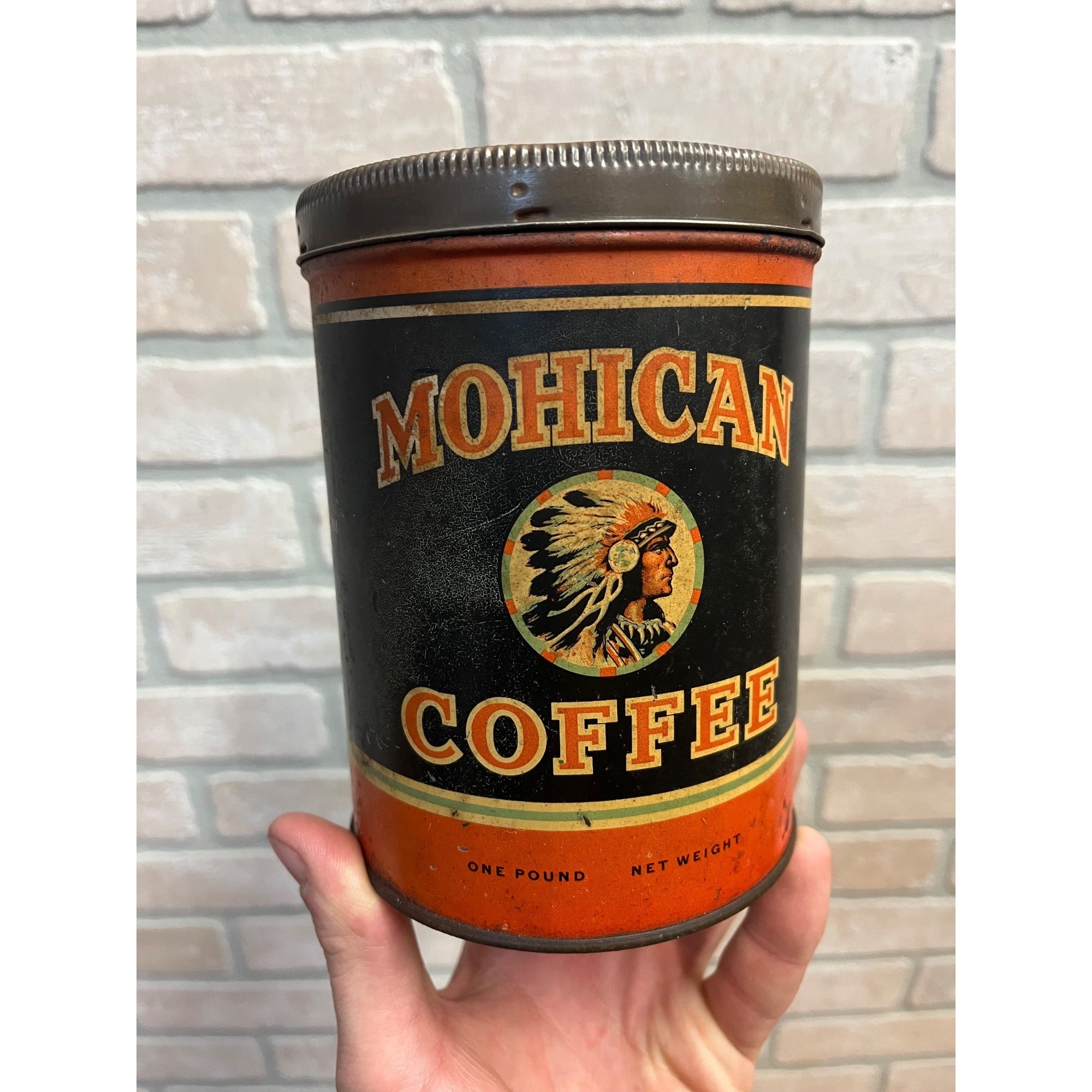 Vintage 1920s Mohican Coffee Tin Can 1 lb Advertising The Mohican Co. New York