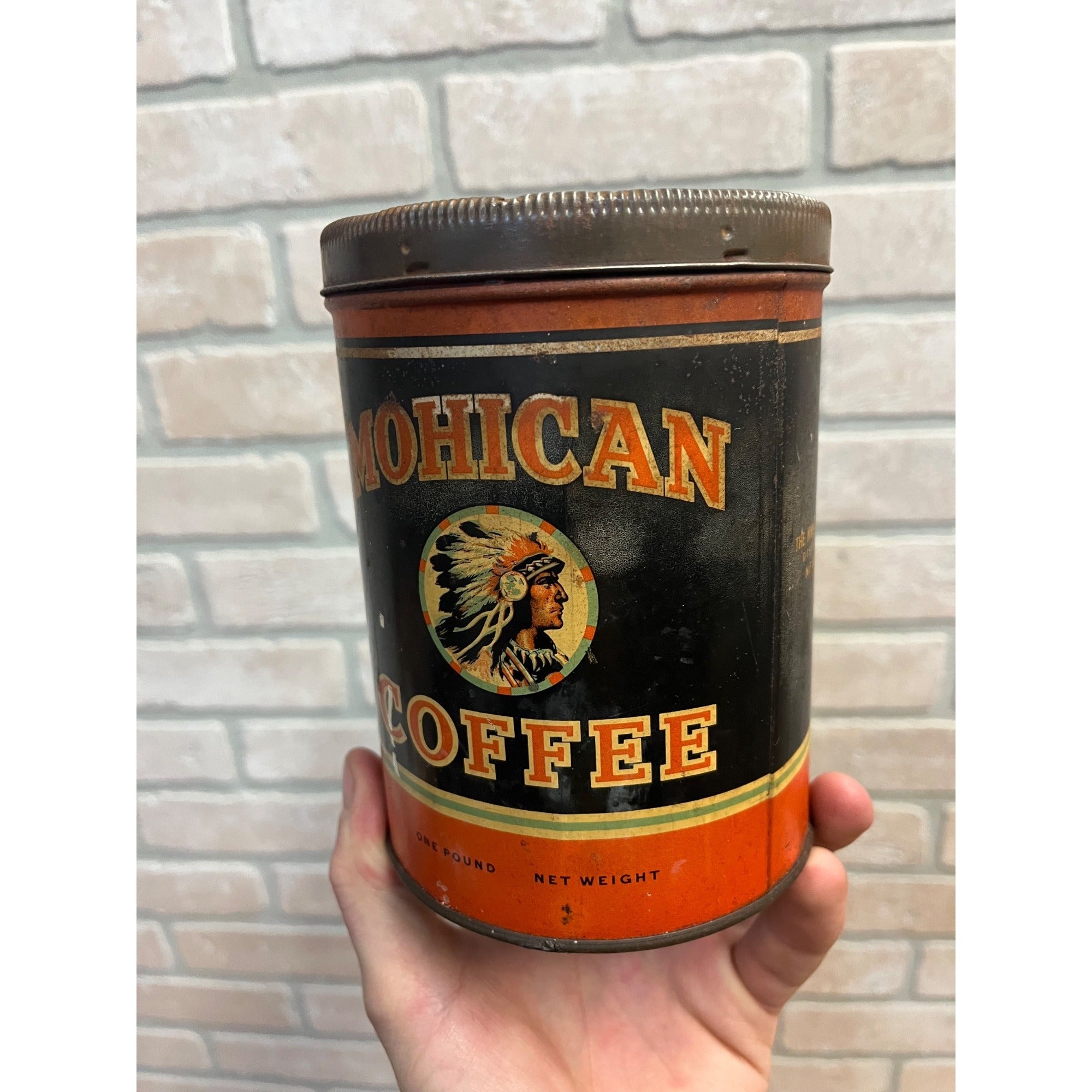 Vintage 1920s Mohican Coffee Tin Can 1 lb Advertising The Mohican Co. New York