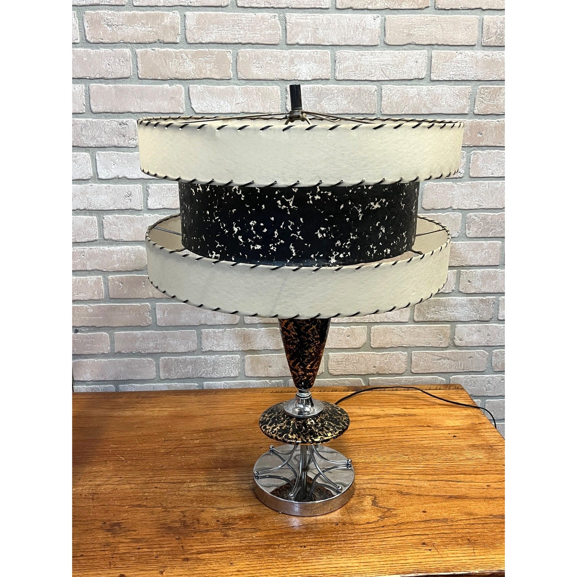 Vintage Mid-Century Table Lamp Gold Splatter Ceramic Body Chrome Base with Original Three-Tier Fiberglass Shade MCM