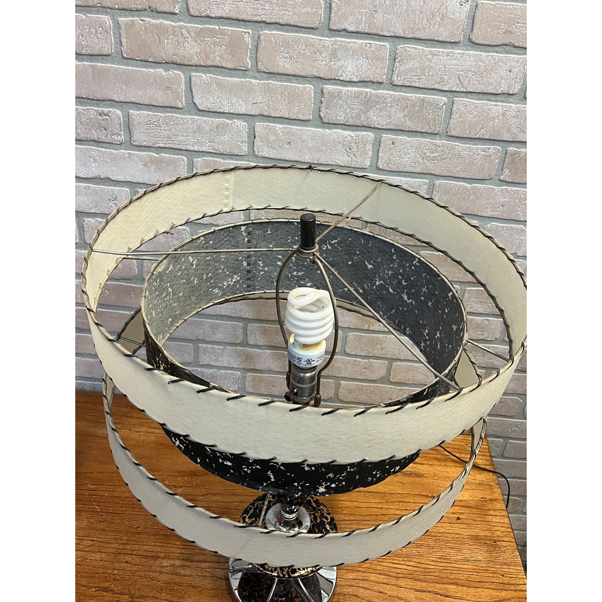 Vintage Mid-Century Table Lamp Gold Splatter Ceramic Body Chrome Base with Original Three-Tier Fiberglass Shade MCM