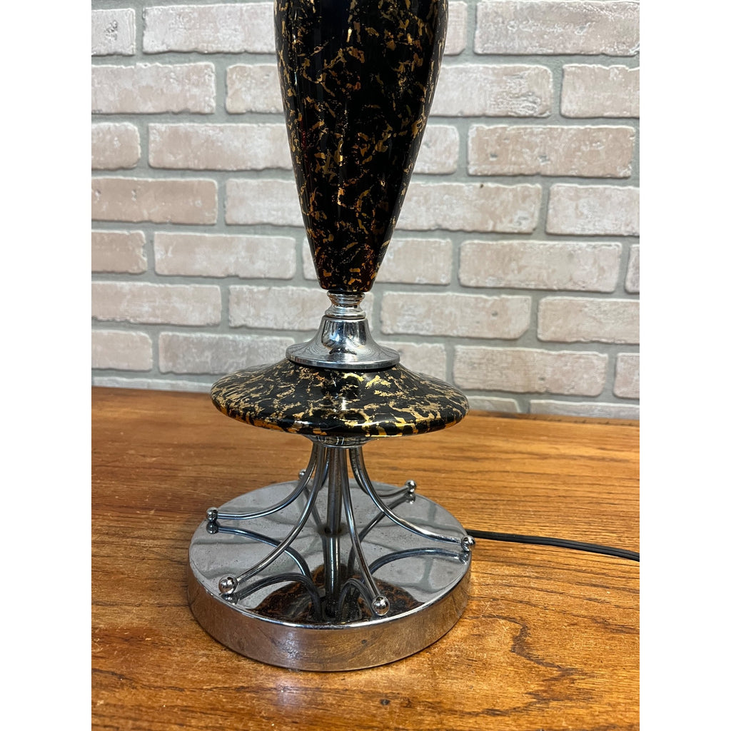 Vintage Mid-Century Table Lamp Gold Splatter Ceramic Body Chrome Base with Original Three-Tier Fiberglass Shade MCM