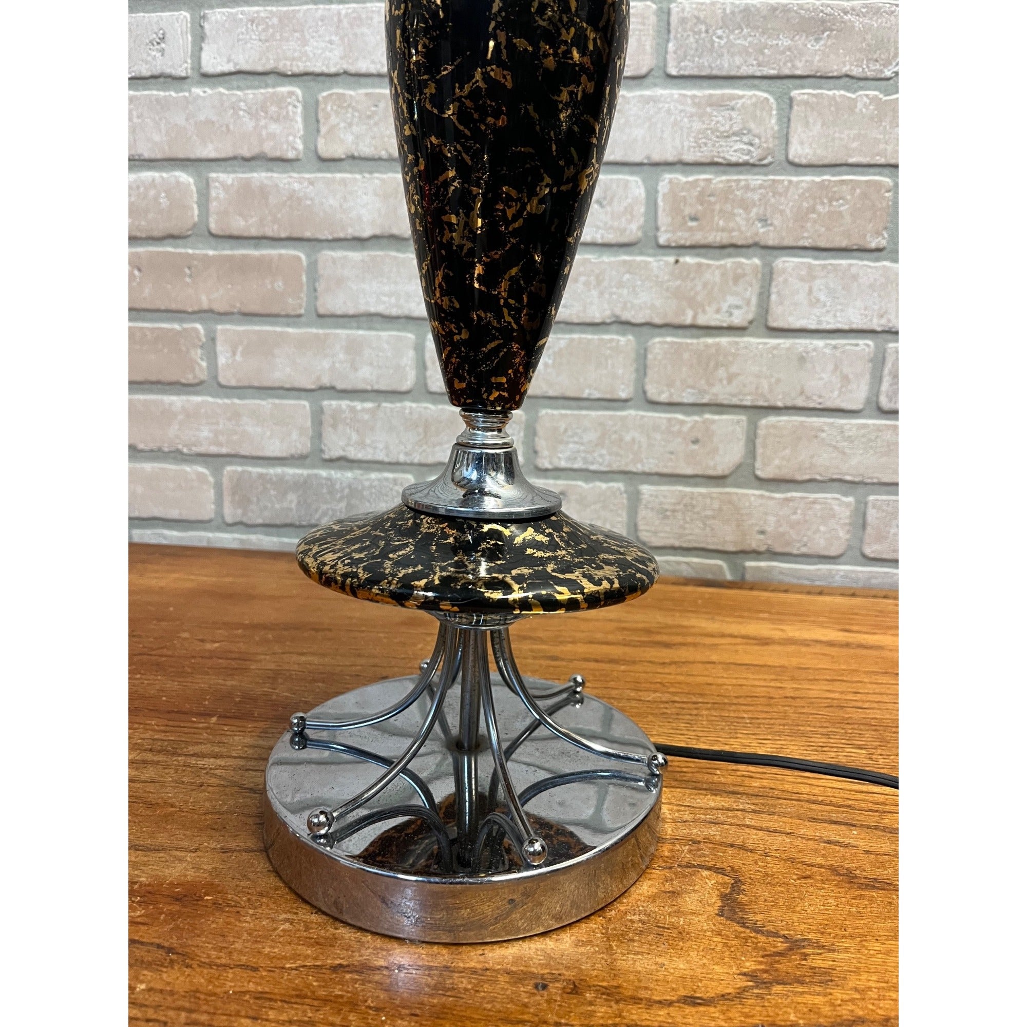 Vintage Mid-Century Table Lamp Gold Splatter Ceramic Body Chrome Base with Original Three-Tier Fiberglass Shade MCM