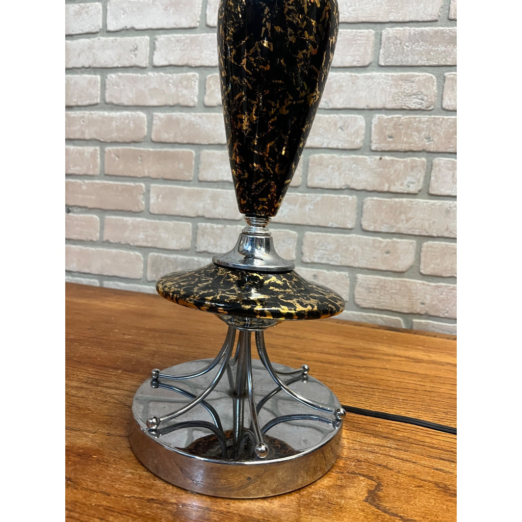 Vintage Mid-Century Table Lamp Gold Splatter Ceramic Body Chrome Base with Original Three-Tier Fiberglass Shade MCM