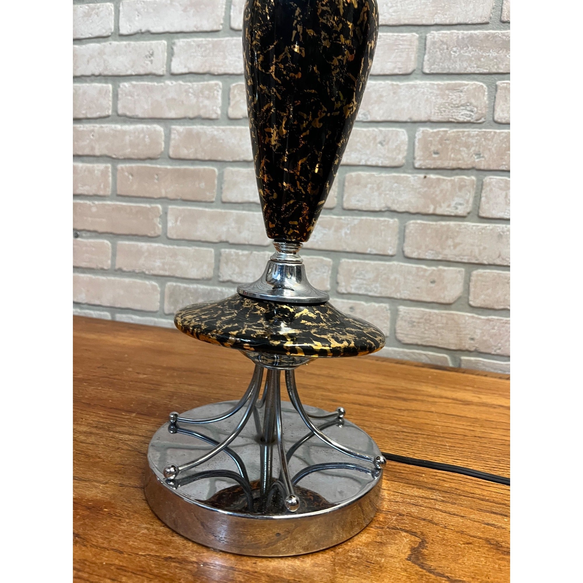 Vintage Mid-Century Table Lamp Gold Splatter Ceramic Body Chrome Base with Original Three-Tier Fiberglass Shade MCM