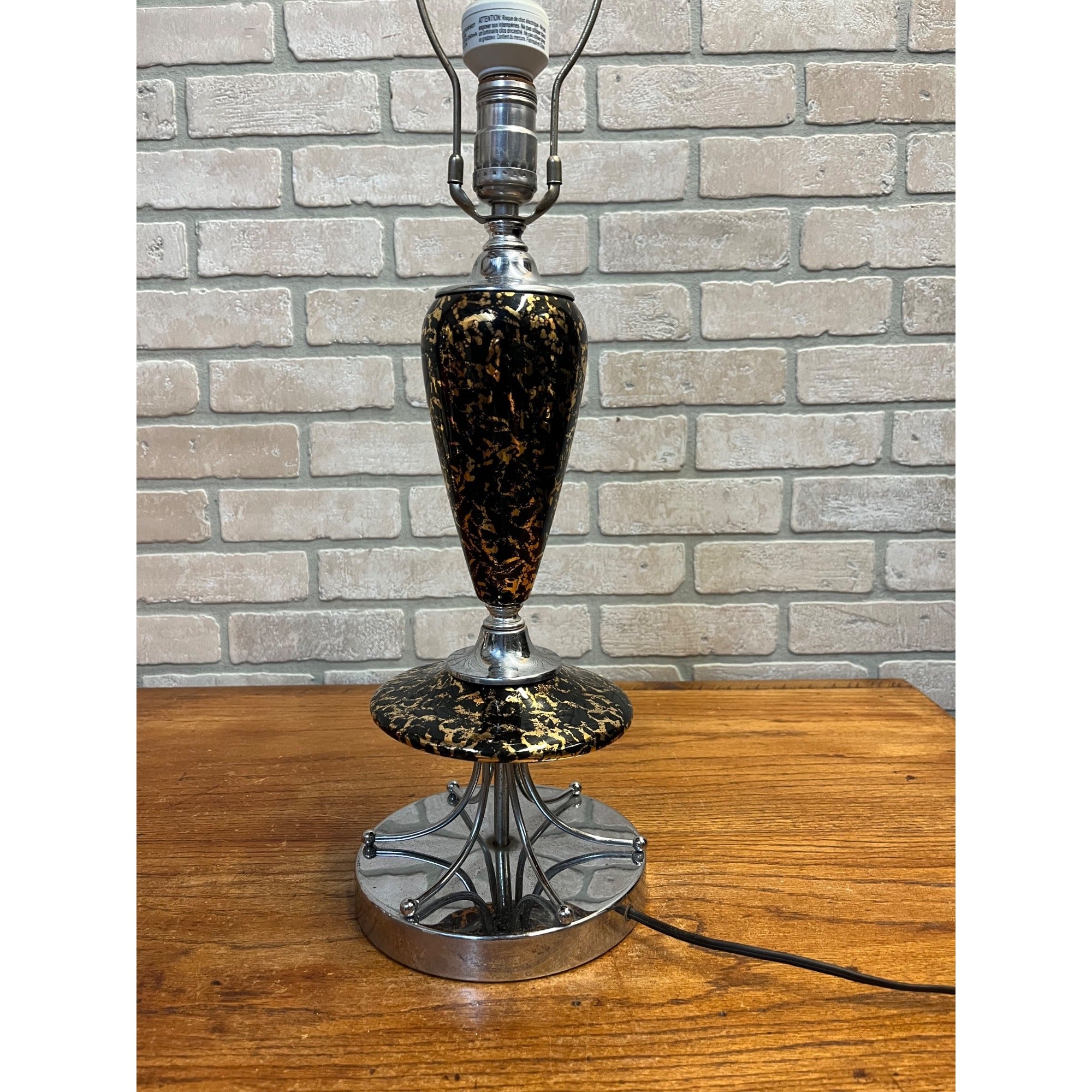 Vintage Mid-Century Table Lamp Gold Splatter Ceramic Body Chrome Base with Original Three-Tier Fiberglass Shade MCM