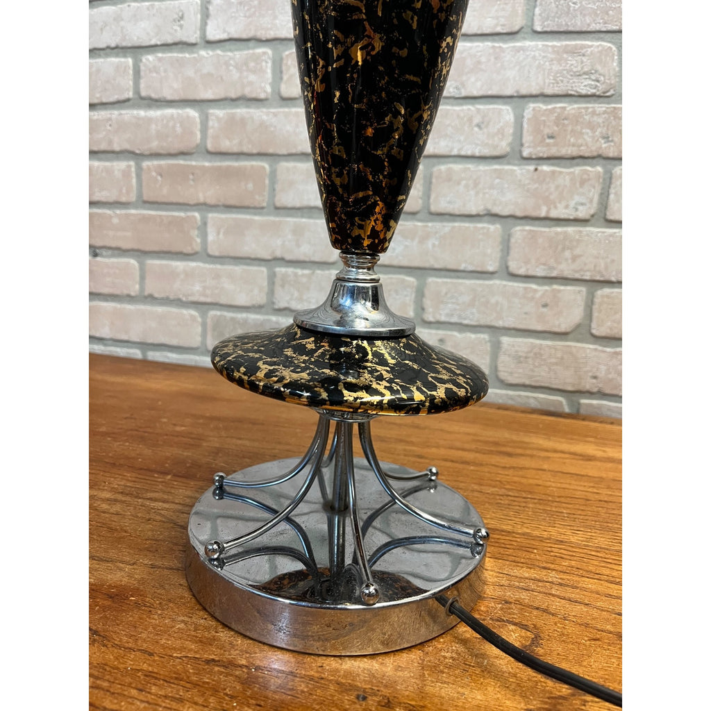 Vintage Mid-Century Table Lamp Gold Splatter Ceramic Body Chrome Base with Original Three-Tier Fiberglass Shade MCM
