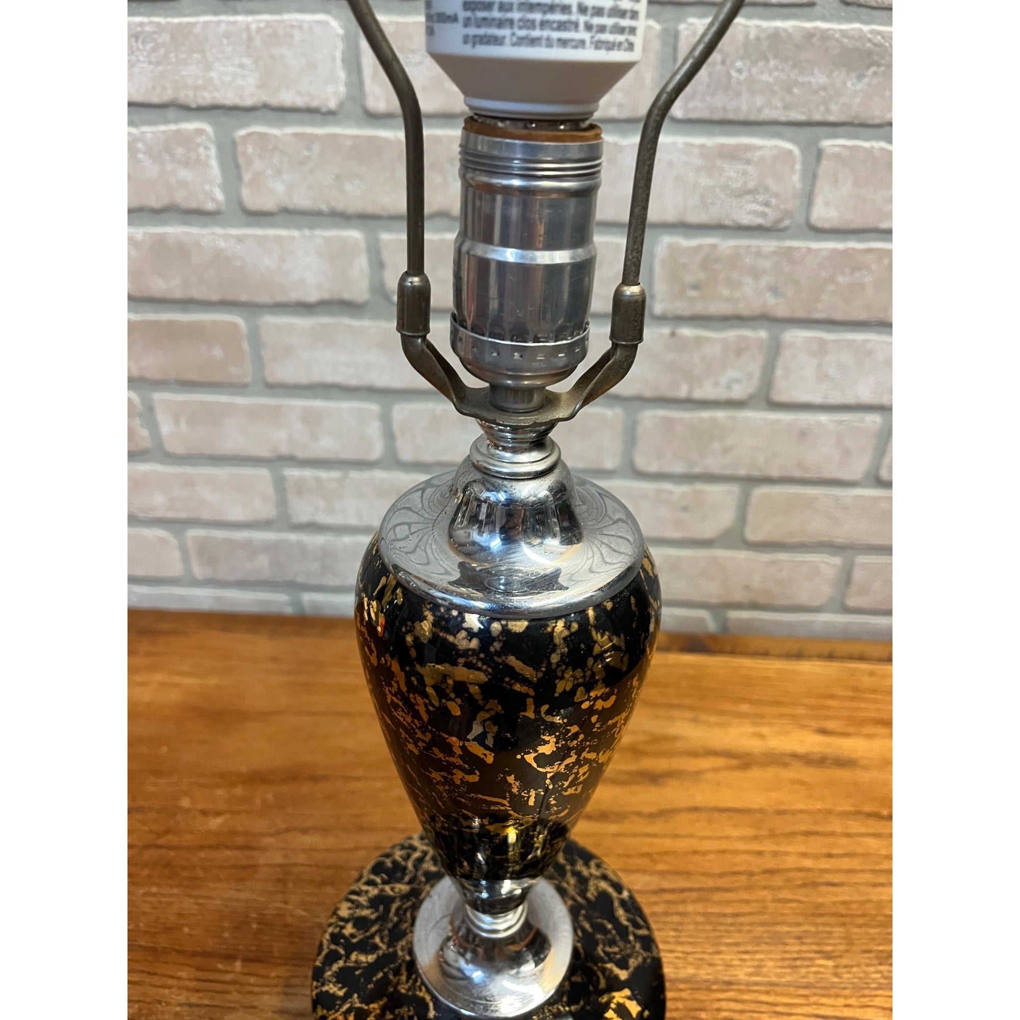 Vintage Mid-Century Table Lamp Gold Splatter Ceramic Body Chrome Base with Original Three-Tier Fiberglass Shade MCM