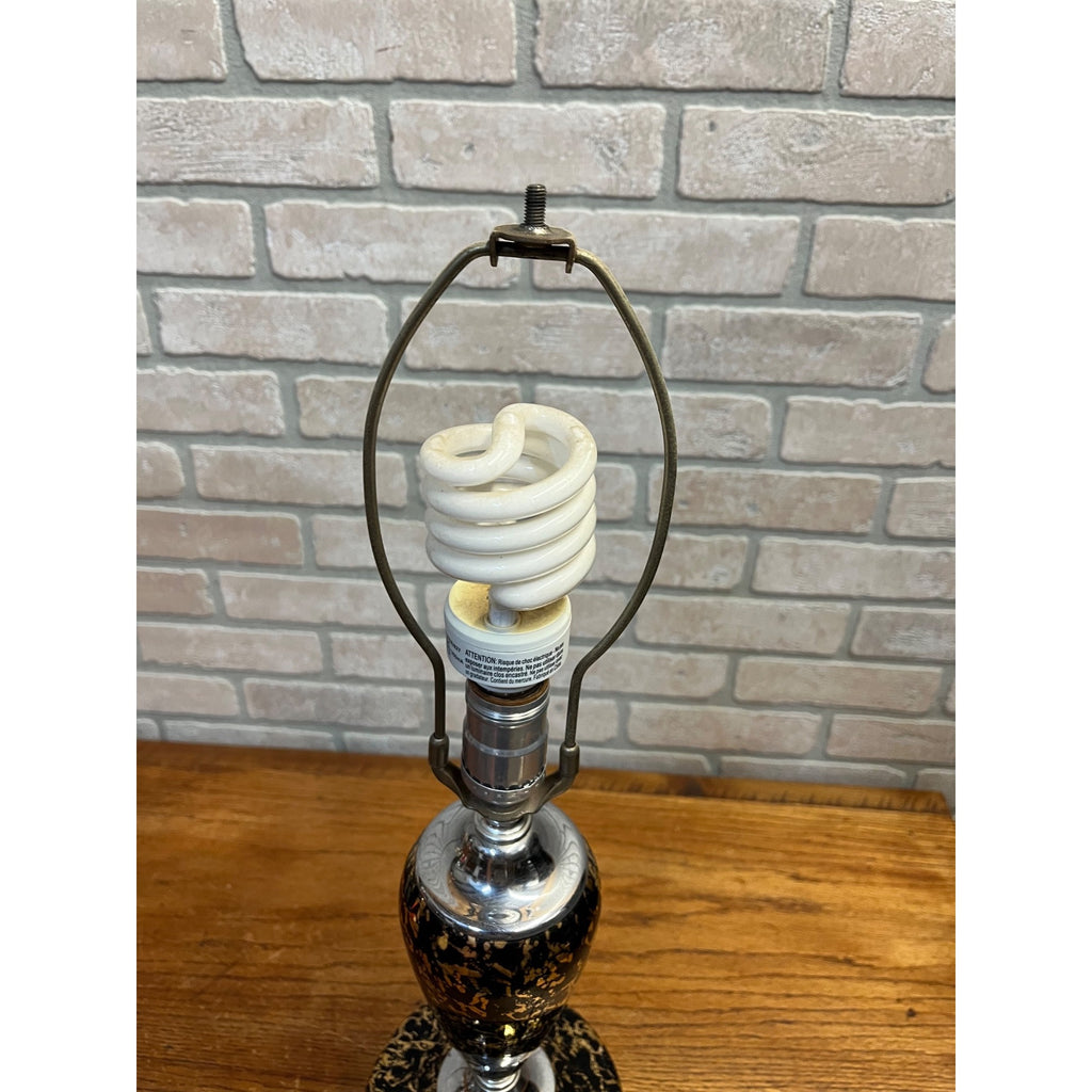 Vintage Mid-Century Table Lamp Gold Splatter Ceramic Body Chrome Base with Original Three-Tier Fiberglass Shade MCM