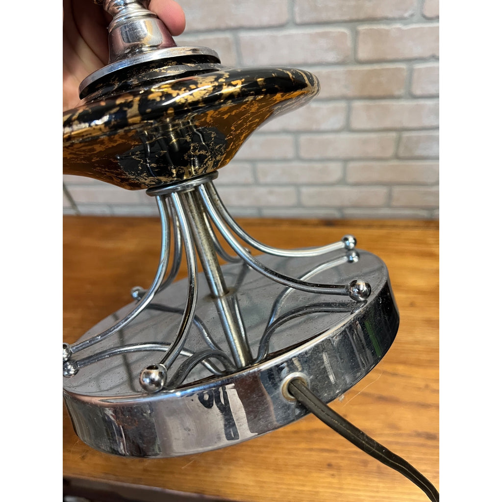 Vintage Mid-Century Table Lamp Gold Splatter Ceramic Body Chrome Base with Original Three-Tier Fiberglass Shade MCM