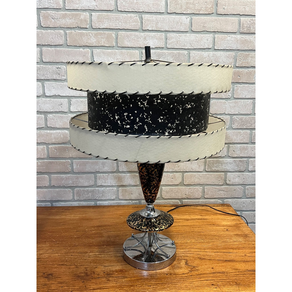 Vintage Mid-Century Table Lamp Gold Splatter Ceramic Body Chrome Base with Original Three-Tier Fiberglass Shade MCM