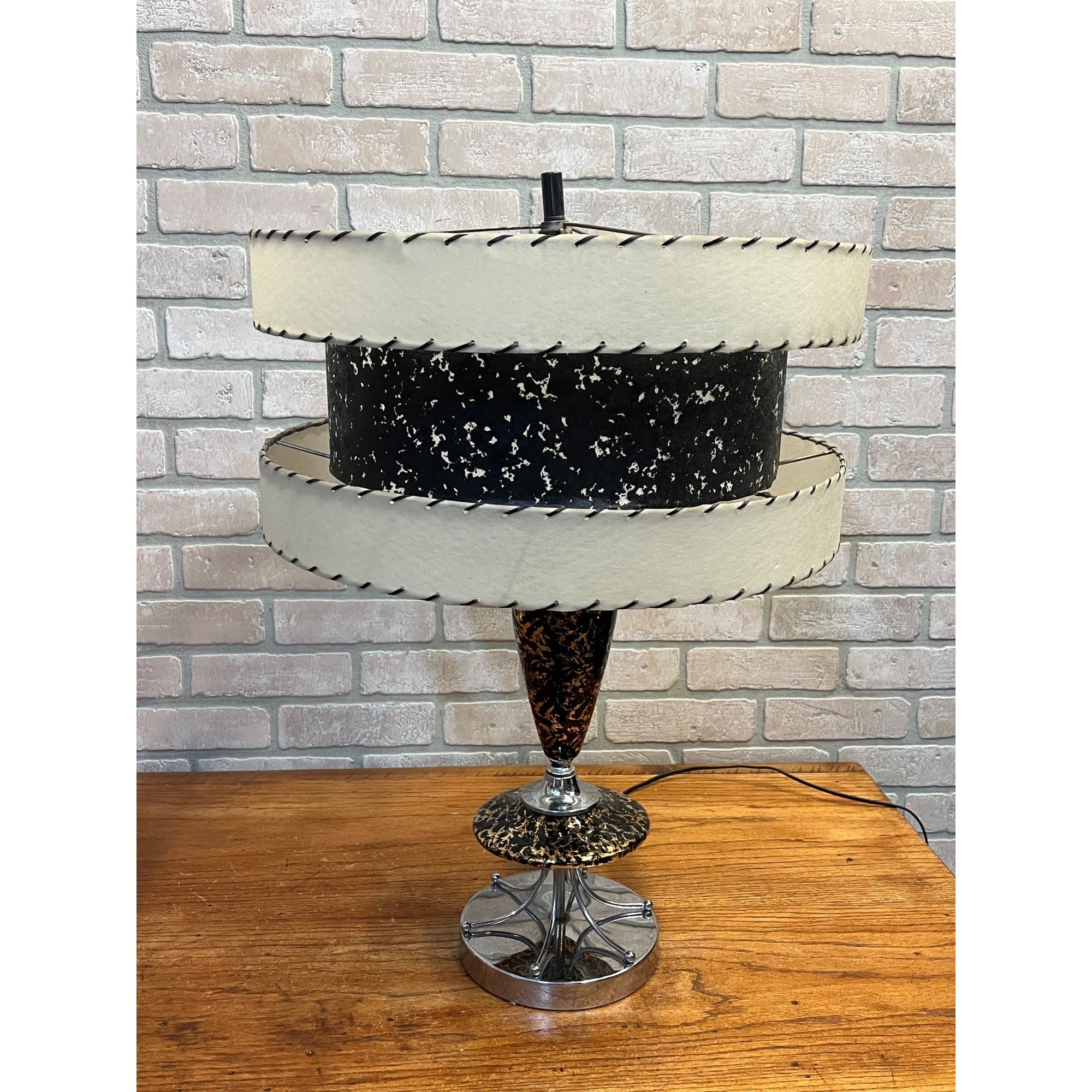 Vintage Mid-Century Table Lamp Gold Splatter Ceramic Body Chrome Base with Original Three-Tier Fiberglass Shade MCM