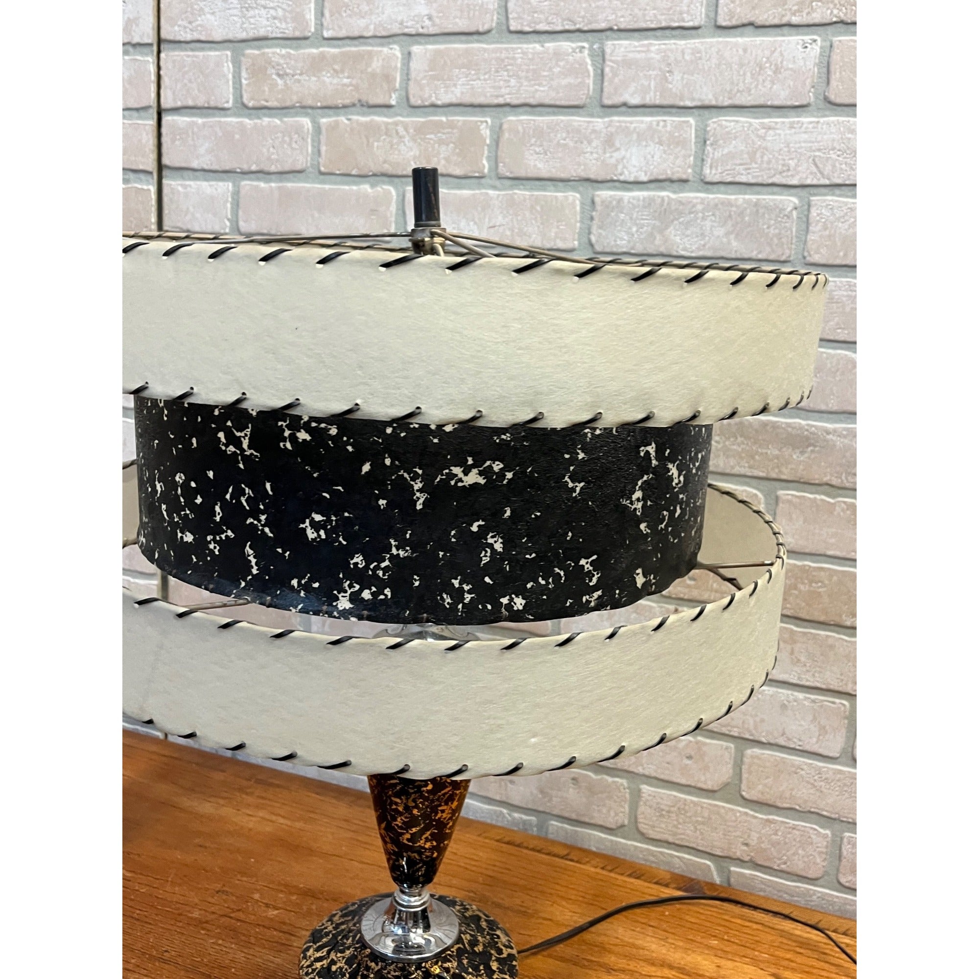 Vintage Mid-Century Table Lamp Gold Splatter Ceramic Body Chrome Base with Original Three-Tier Fiberglass Shade MCM