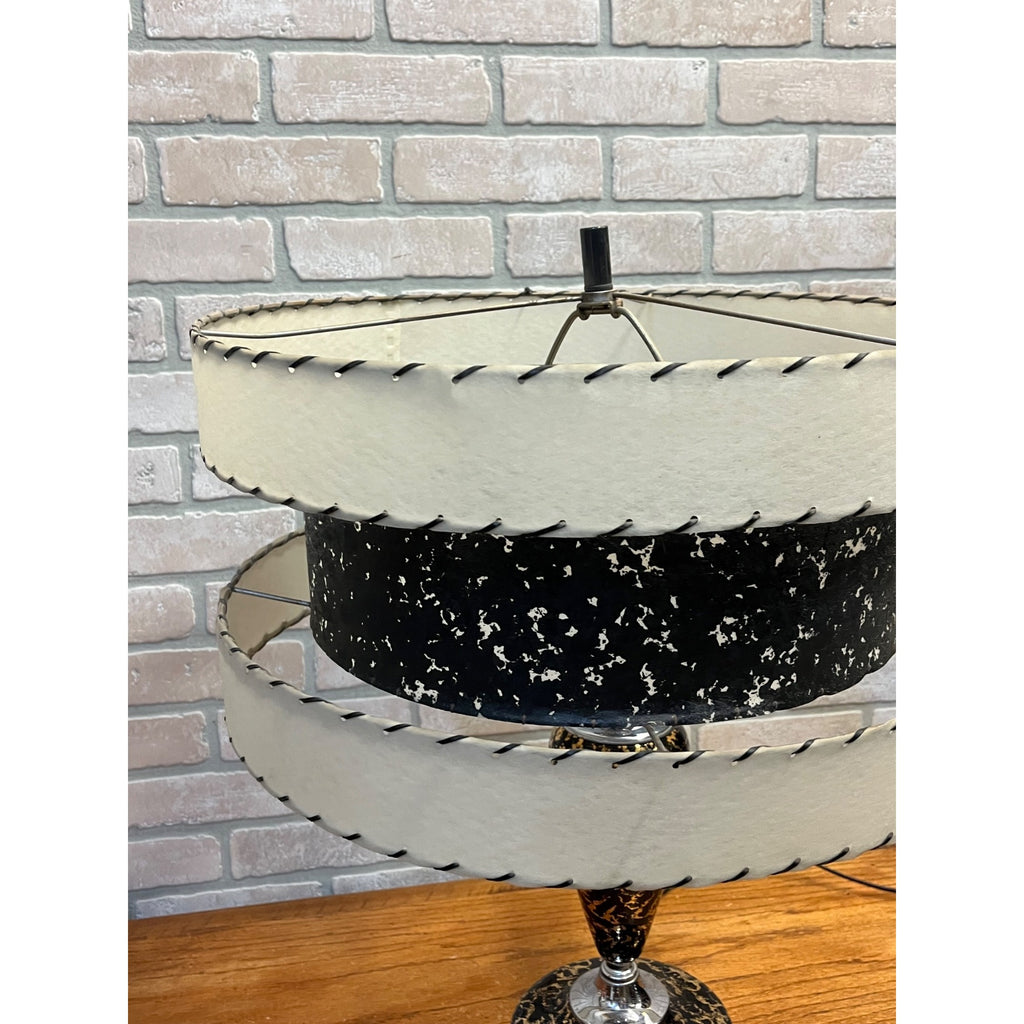 Vintage Mid-Century Table Lamp Gold Splatter Ceramic Body Chrome Base with Original Three-Tier Fiberglass Shade MCM
