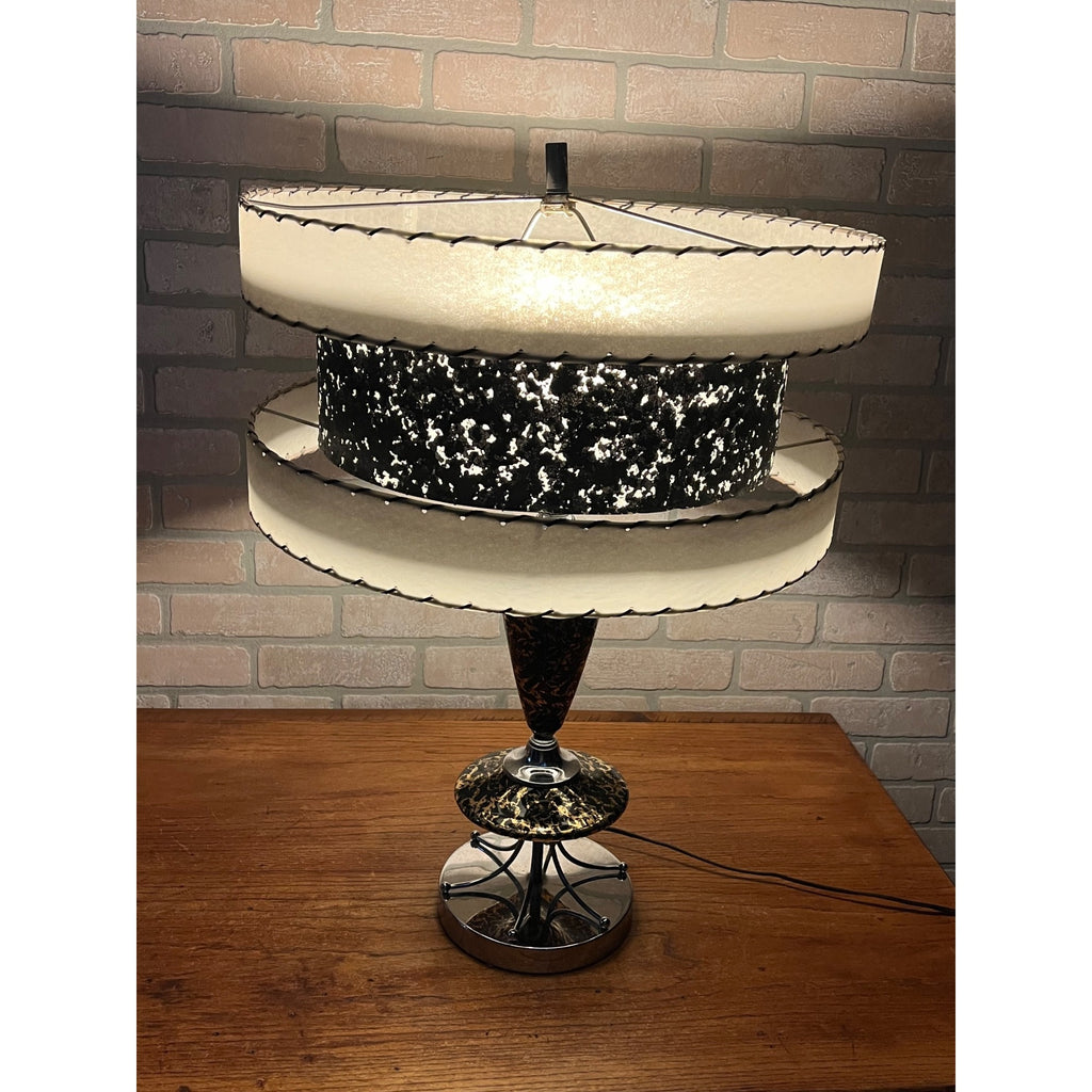 Vintage Mid-Century Table Lamp Gold Splatter Ceramic Body Chrome Base with Original Three-Tier Fiberglass Shade MCM