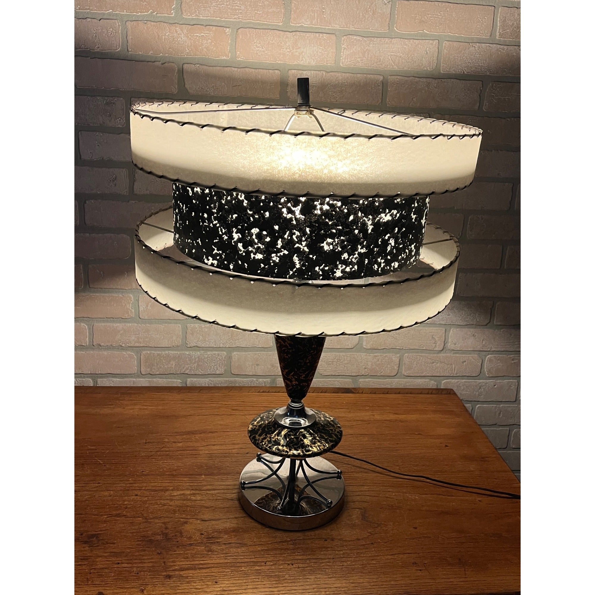 Vintage Mid-Century Table Lamp Gold Splatter Ceramic Body Chrome Base with Original Three-Tier Fiberglass Shade MCM