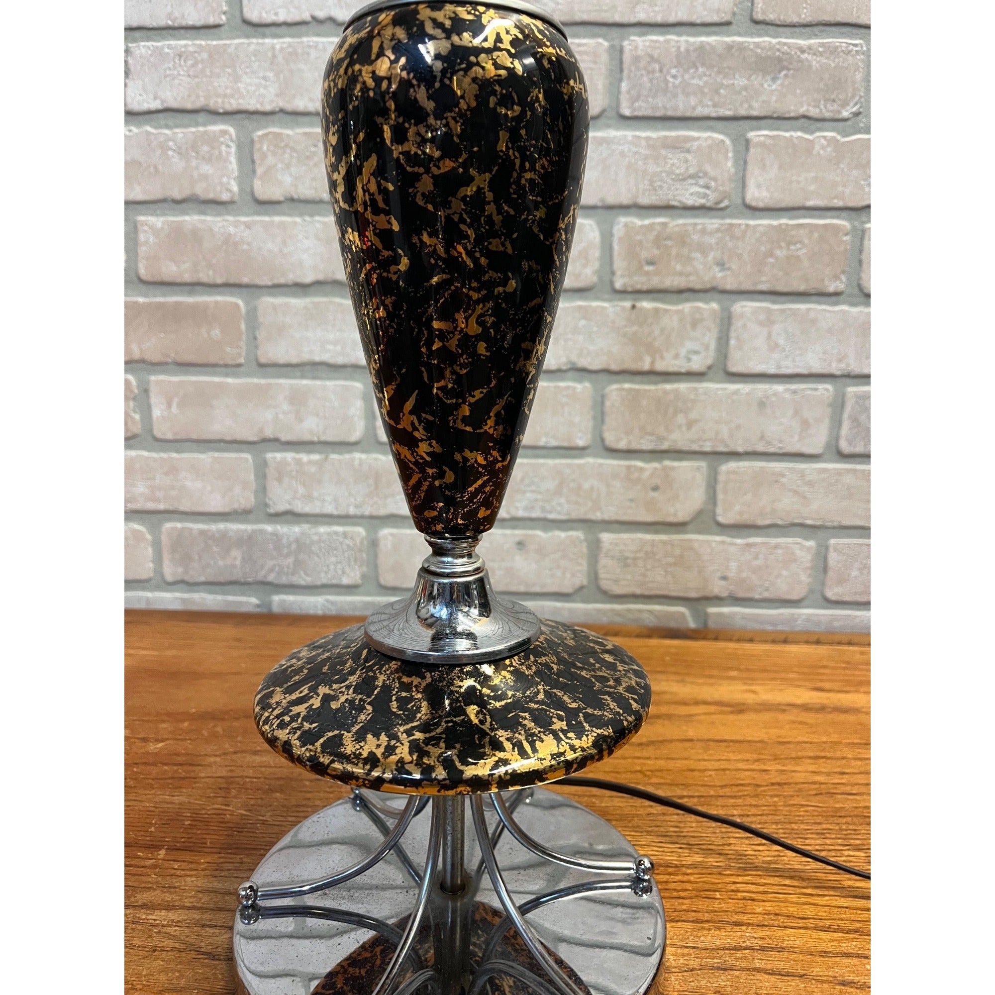 Vintage Mid-Century Table Lamp Gold Splatter Ceramic Body Chrome Base with Original Three-Tier Fiberglass Shade MCM