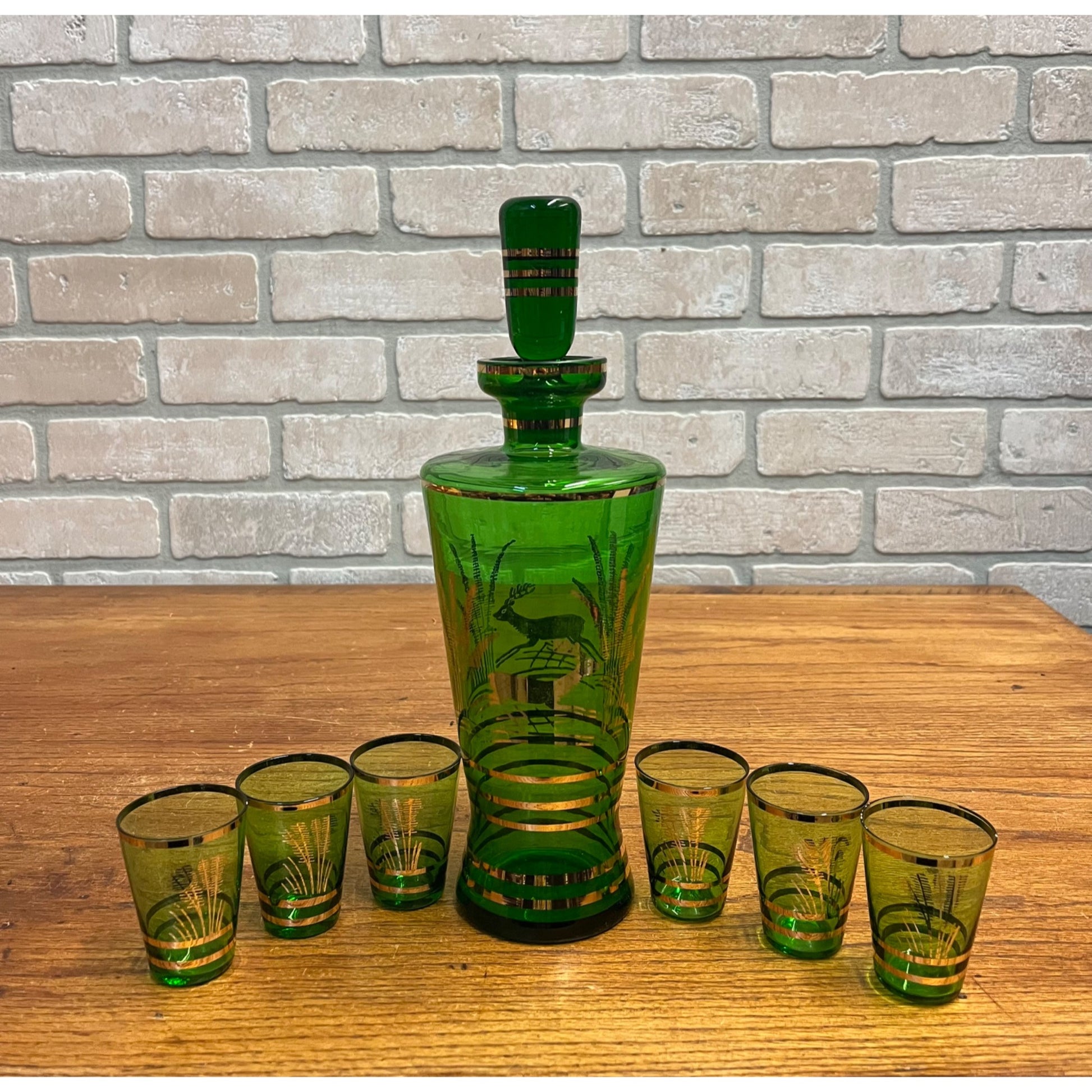 Vintage Mid-Century Bohemian Czech Green Glass Liquor Decanter Shot Set Deer MCM