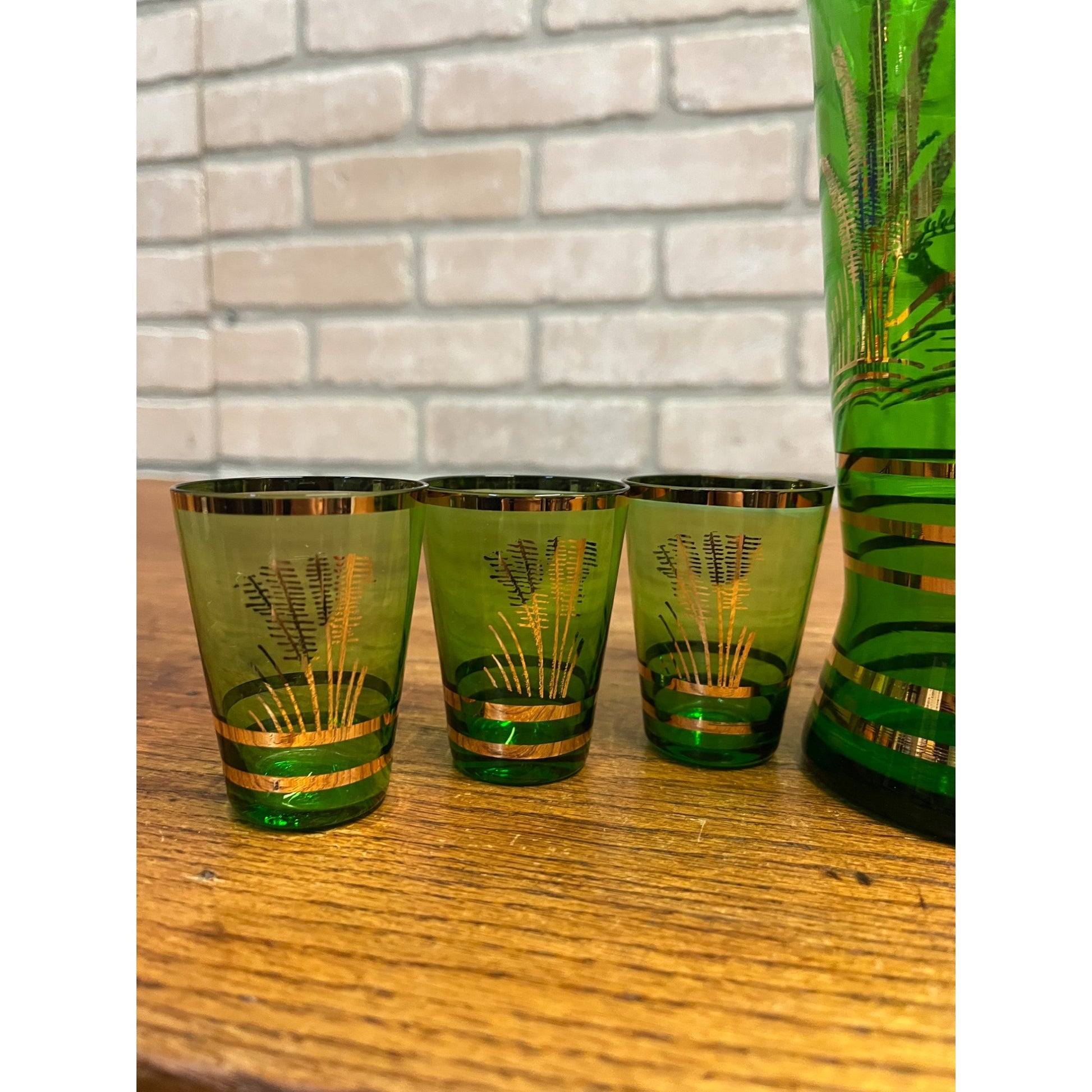 Vintage Mid-Century Bohemian Czech Green Glass Liquor Decanter Shot Set Deer MCM