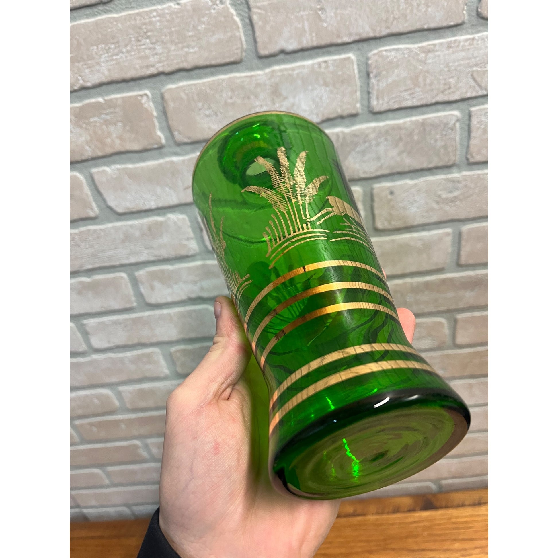 Vintage Mid-Century Bohemian Czech Green Glass Liquor Decanter Shot Set Deer MCM