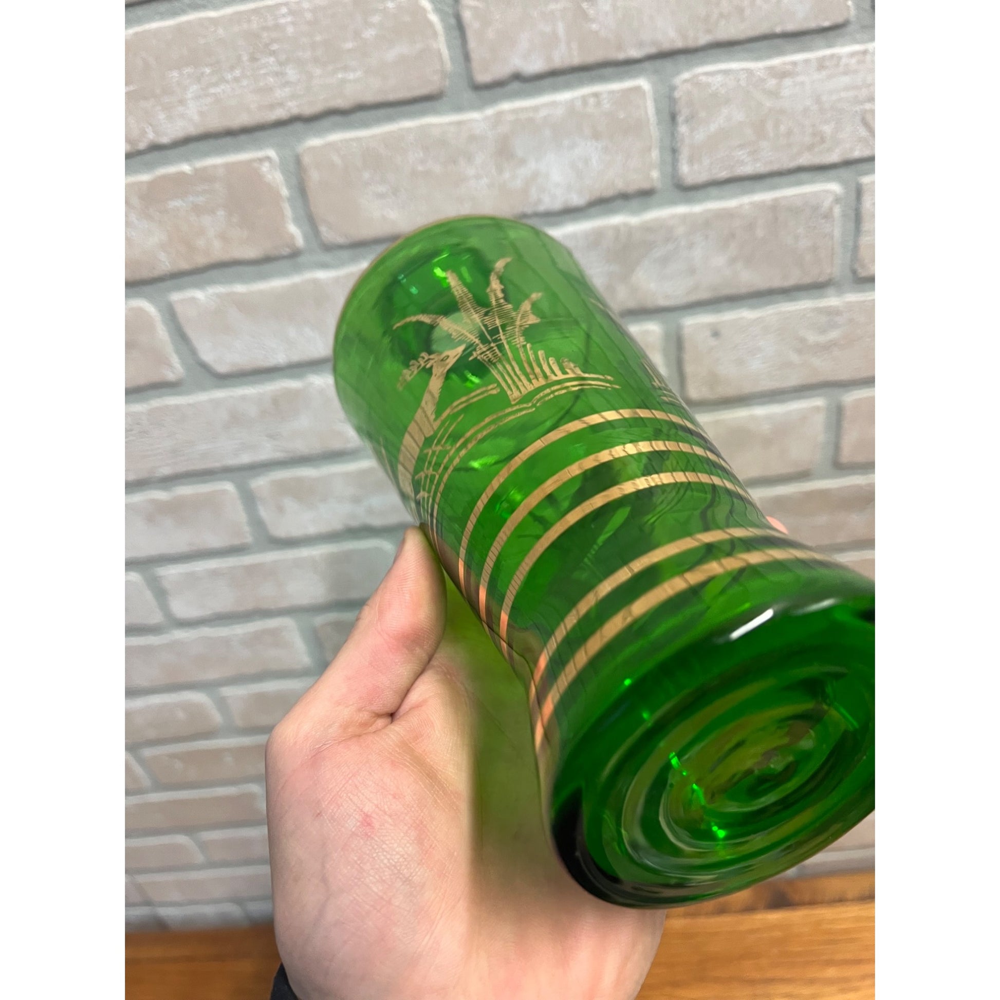 Vintage Mid-Century Bohemian Czech Green Glass Liquor Decanter Shot Set Deer MCM