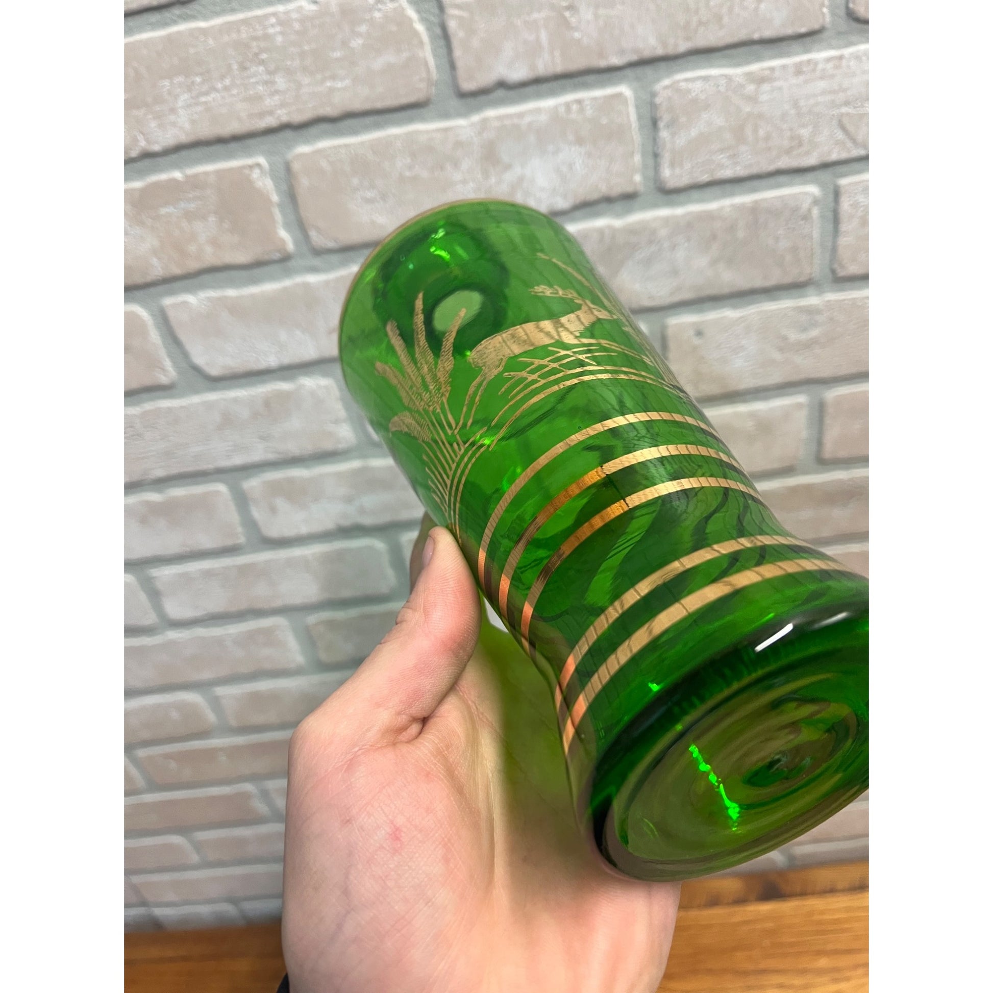 Vintage Mid-Century Bohemian Czech Green Glass Liquor Decanter Shot Set Deer MCM