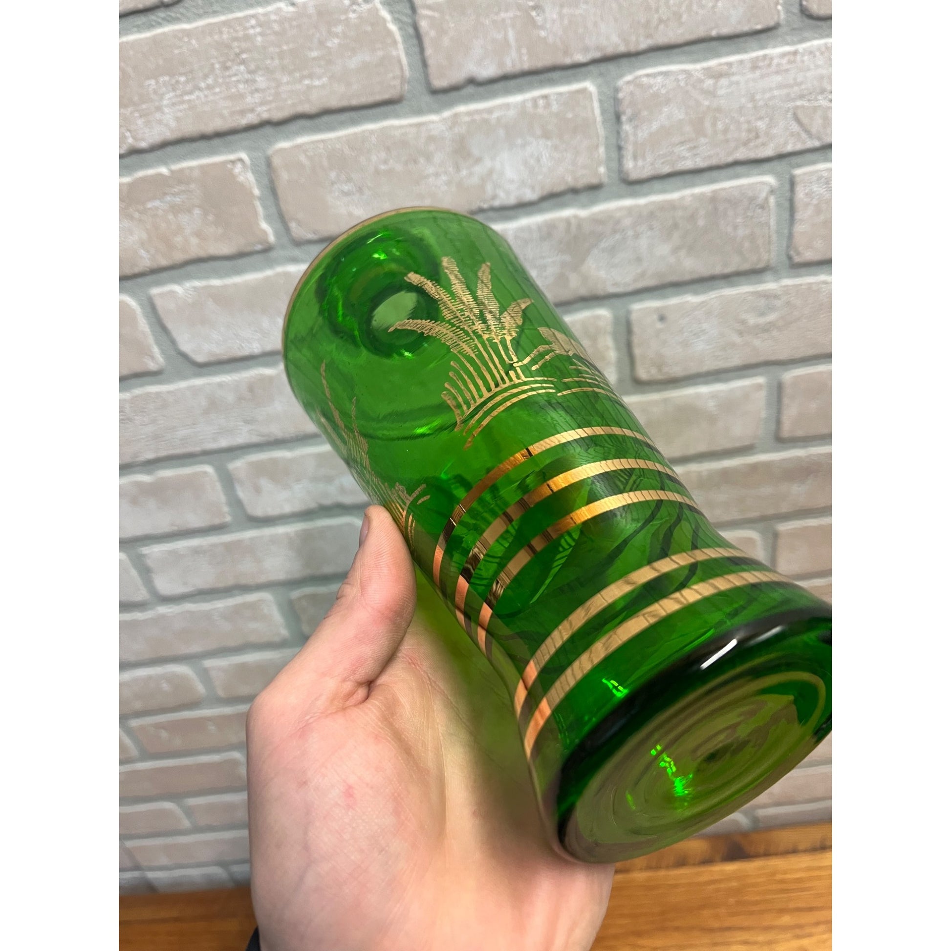 Vintage Mid-Century Bohemian Czech Green Glass Liquor Decanter Shot Set Deer MCM