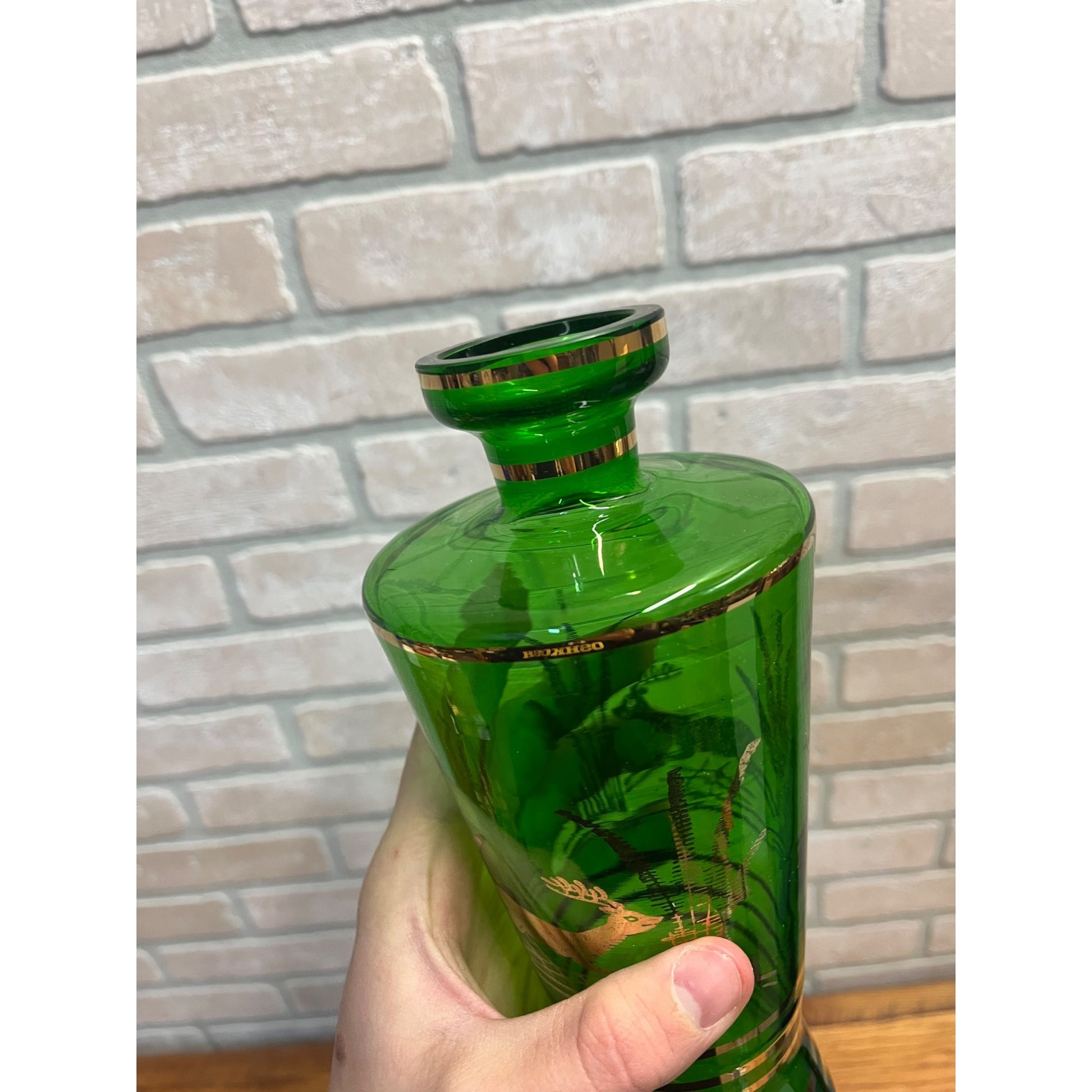 Vintage Mid-Century Bohemian Czech Green Glass Liquor Decanter Shot Set Deer MCM