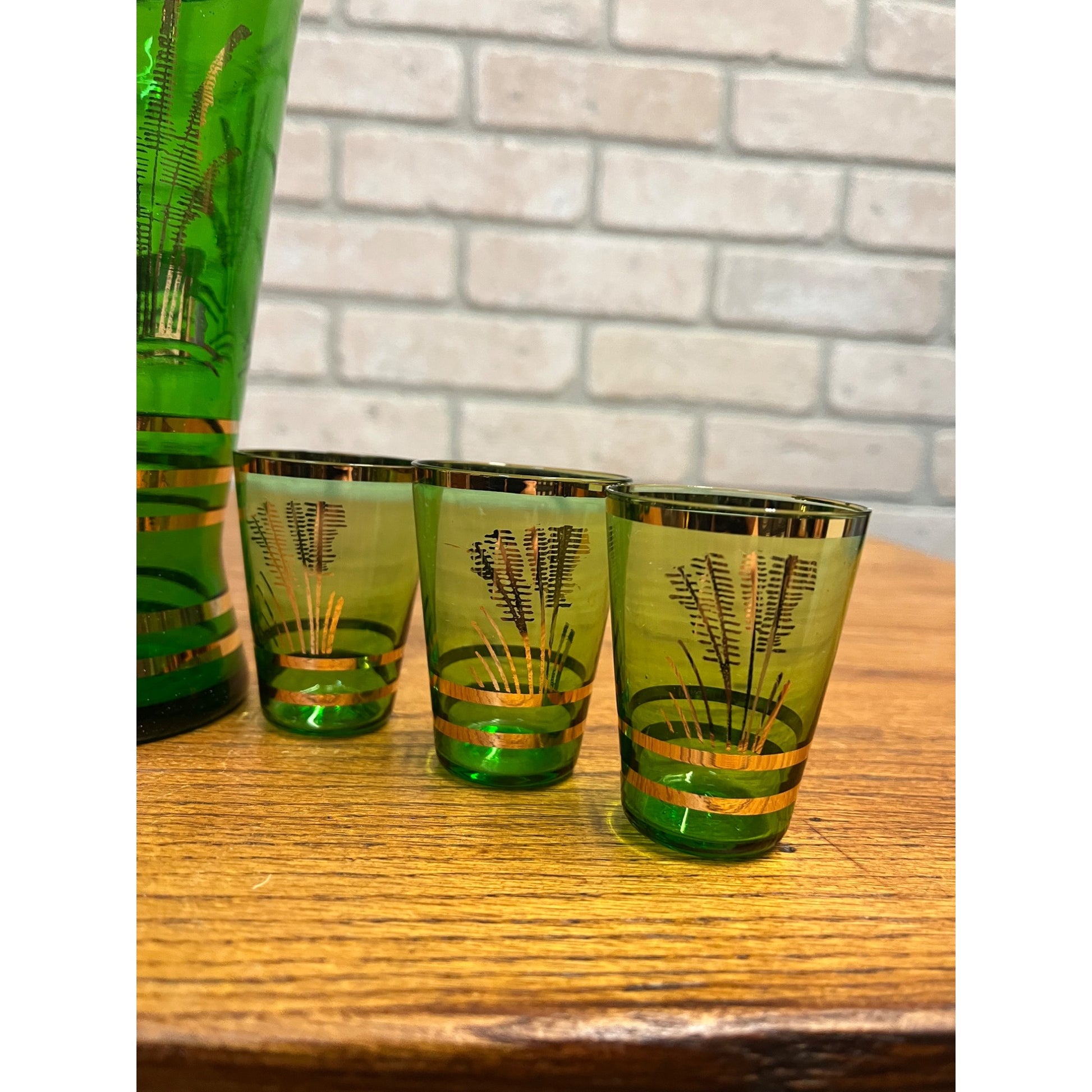 Vintage Mid-Century Bohemian Czech Green Glass Liquor Decanter Shot Set Deer MCM