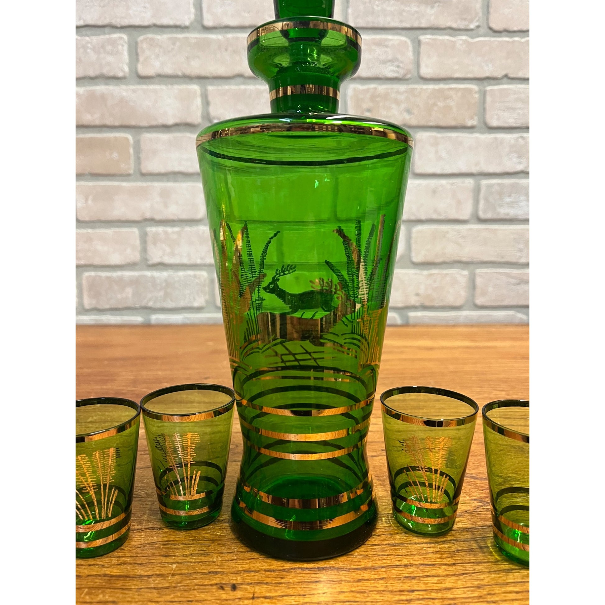 Vintage Mid-Century Bohemian Czech Green Glass Liquor Decanter Shot Set Deer MCM