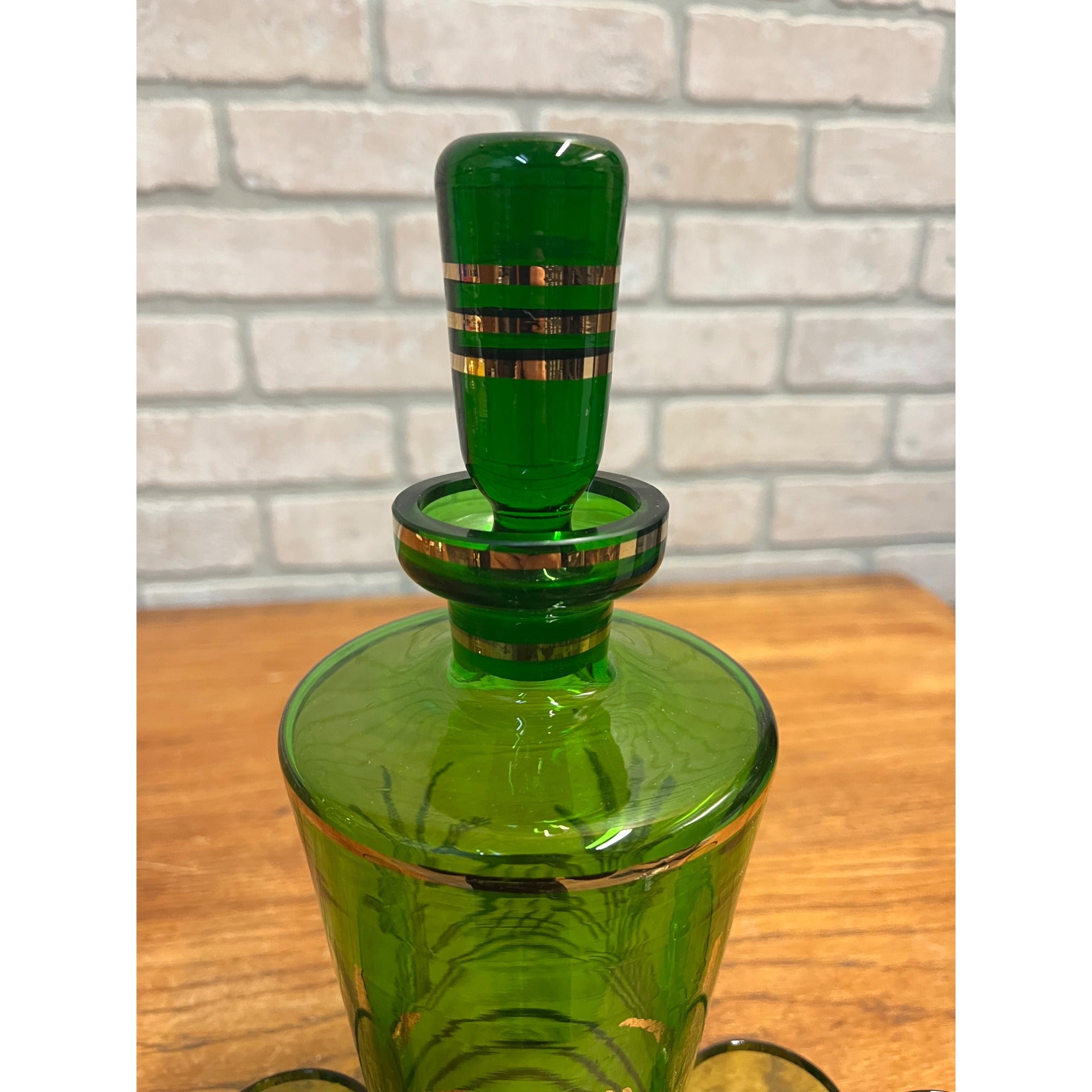 Vintage Mid-Century Bohemian Czech Green Glass Liquor Decanter Shot Set Deer MCM