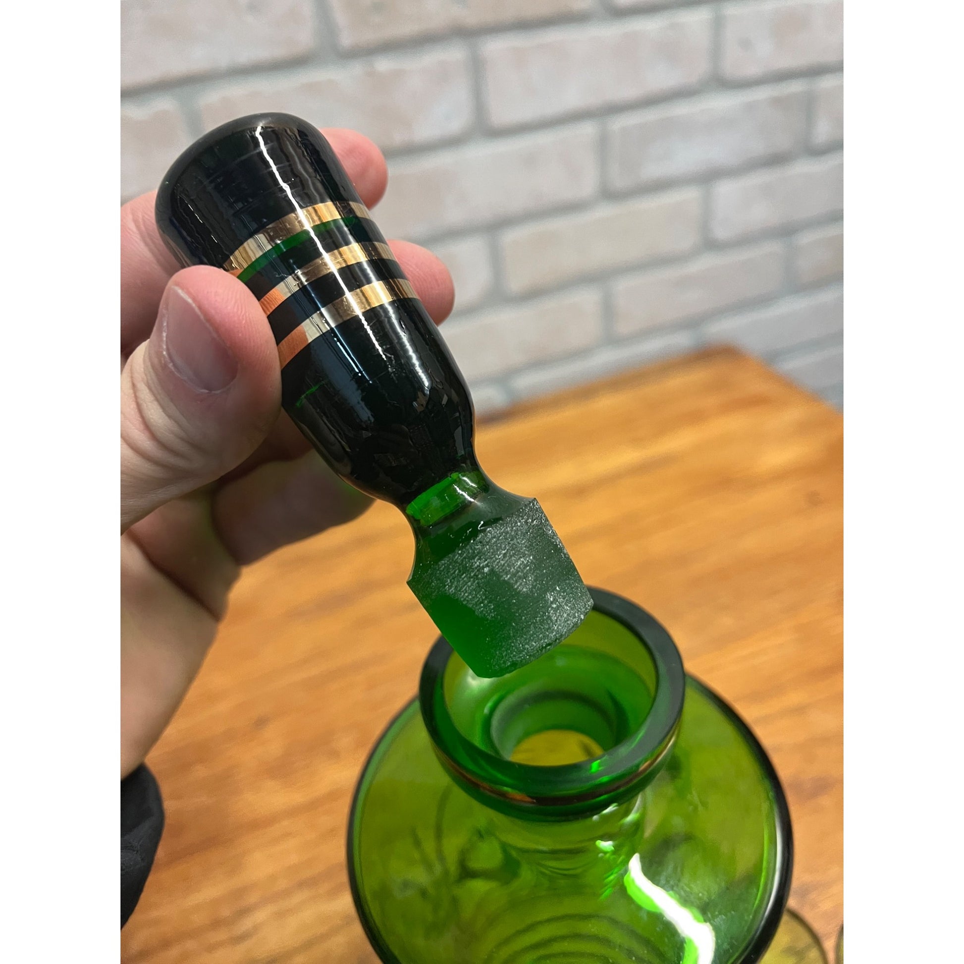 Vintage Mid-Century Bohemian Czech Green Glass Liquor Decanter Shot Set Deer MCM