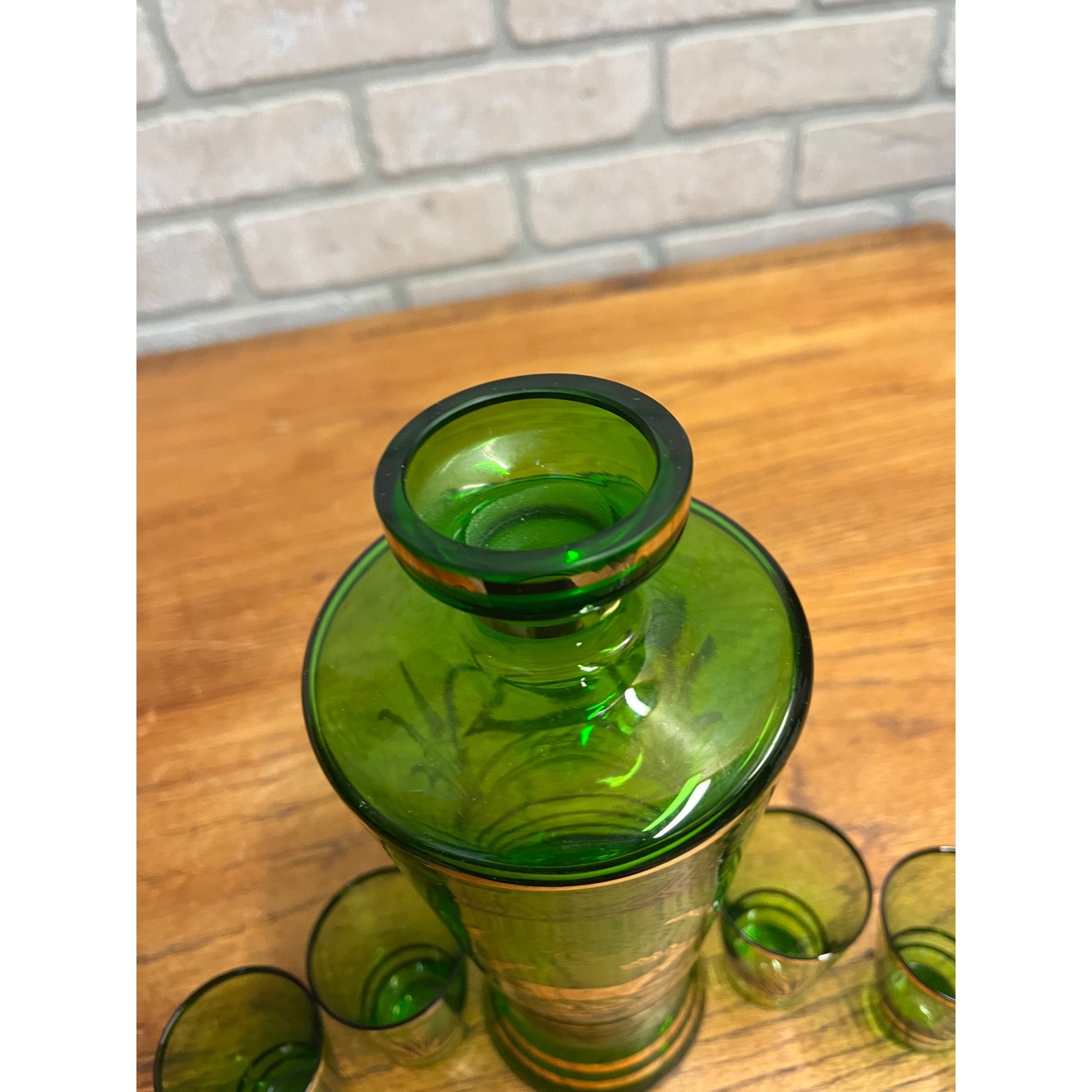 Vintage Mid-Century Bohemian Czech Green Glass Liquor Decanter Shot Set Deer MCM