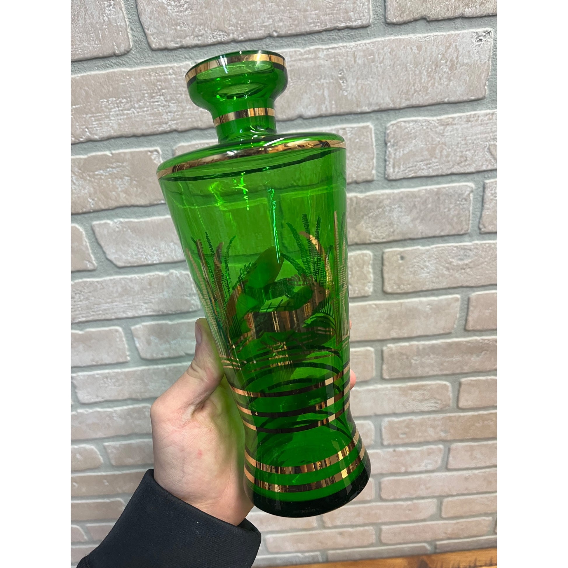 Vintage Mid-Century Bohemian Czech Green Glass Liquor Decanter Shot Set Deer MCM