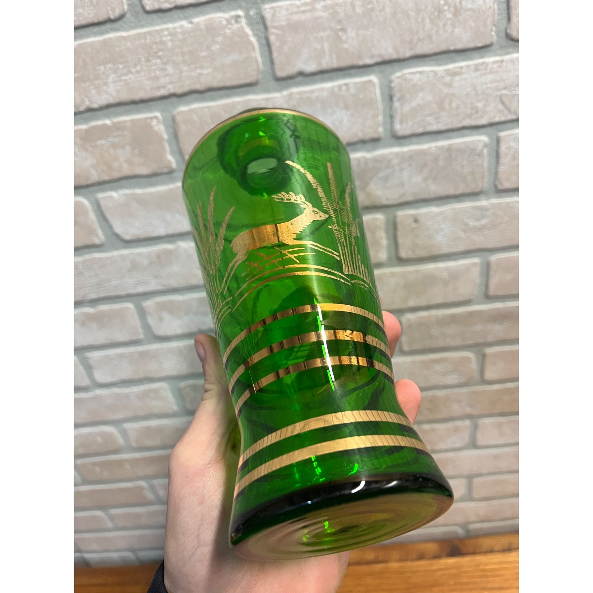 Vintage Mid-Century Bohemian Czech Green Glass Liquor Decanter Shot Set Deer MCM