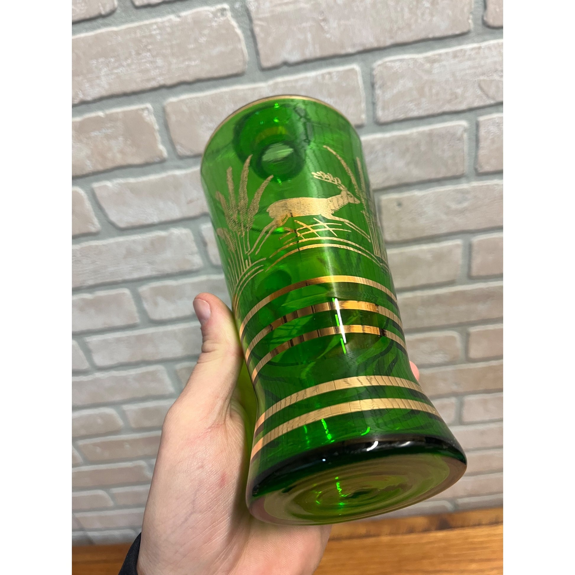 Vintage Mid-Century Bohemian Czech Green Glass Liquor Decanter Shot Set Deer MCM