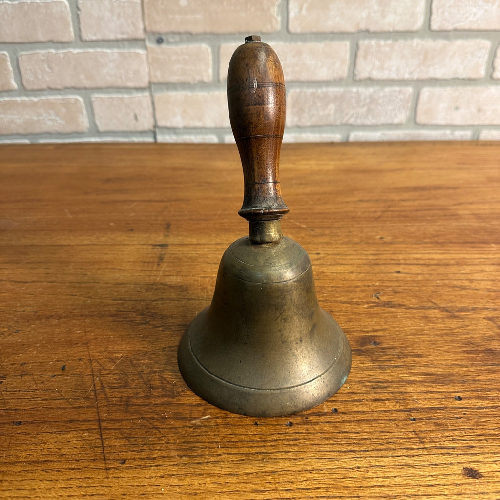 Antique Large Brass School Bell Wood Handle 8.5" Original Clapper Marked