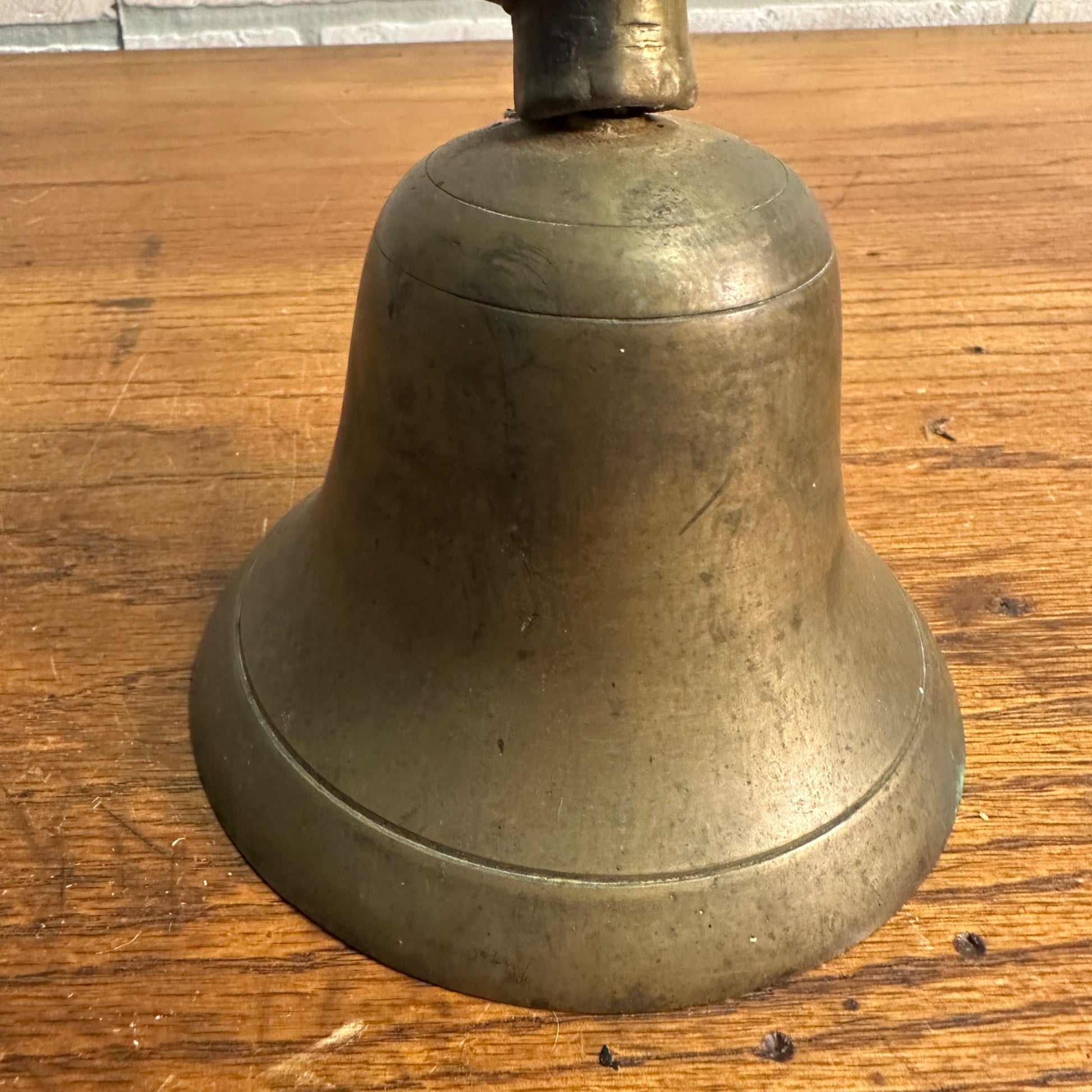 Antique Large Brass School Bell Wood Handle 8.5" Original Clapper Marked