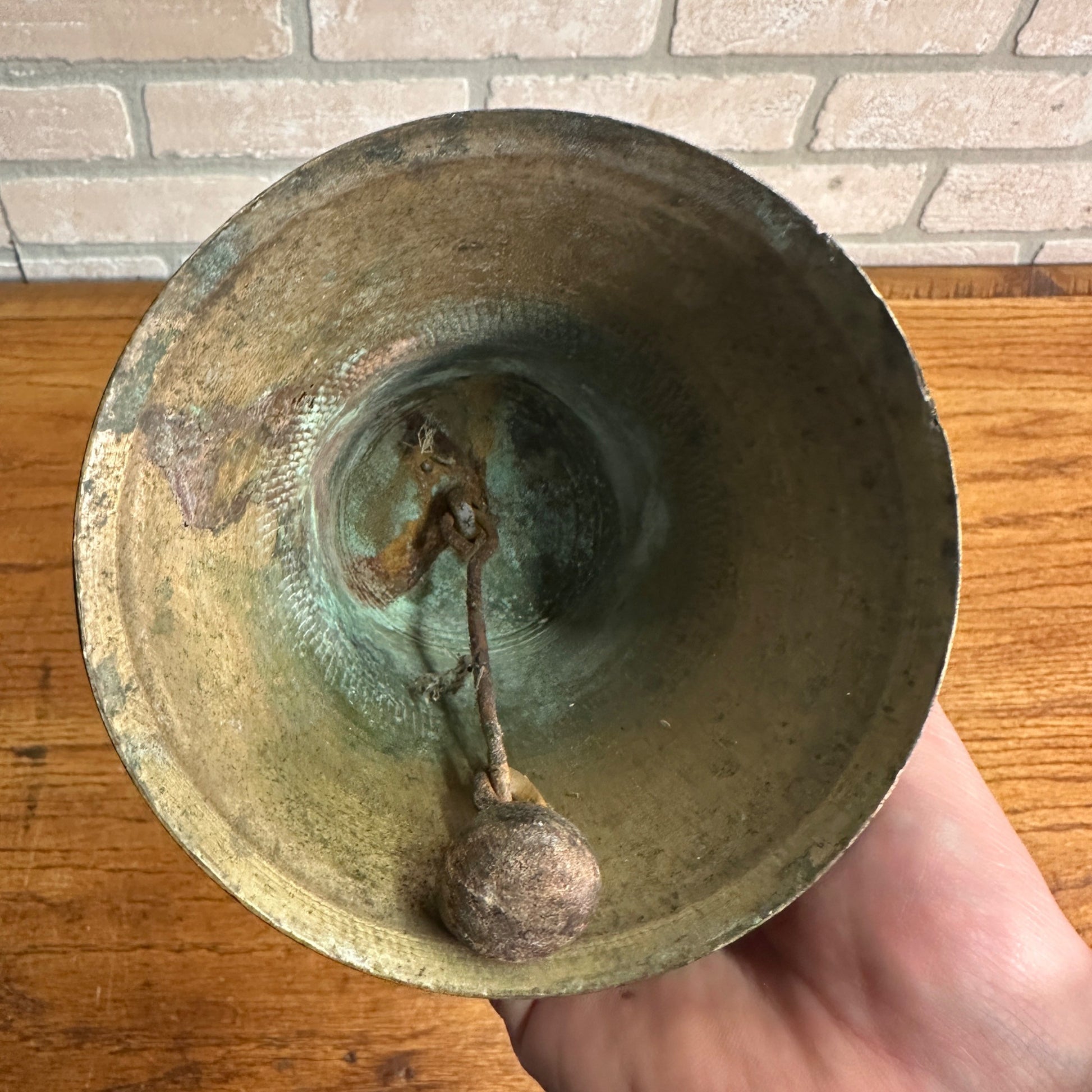 Antique Large Brass School Bell Wood Handle 8.5" Original Clapper Marked