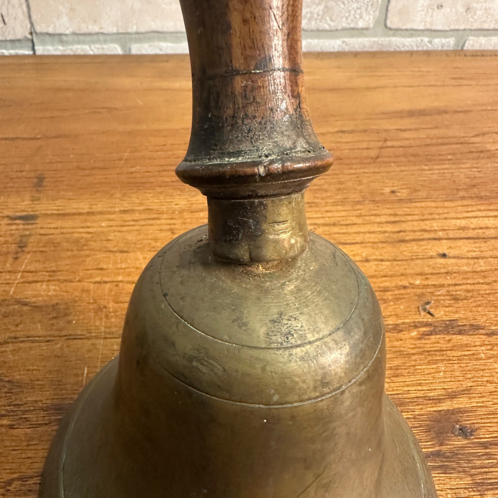 Antique Large Brass School Bell Wood Handle 8.5" Original Clapper Marked