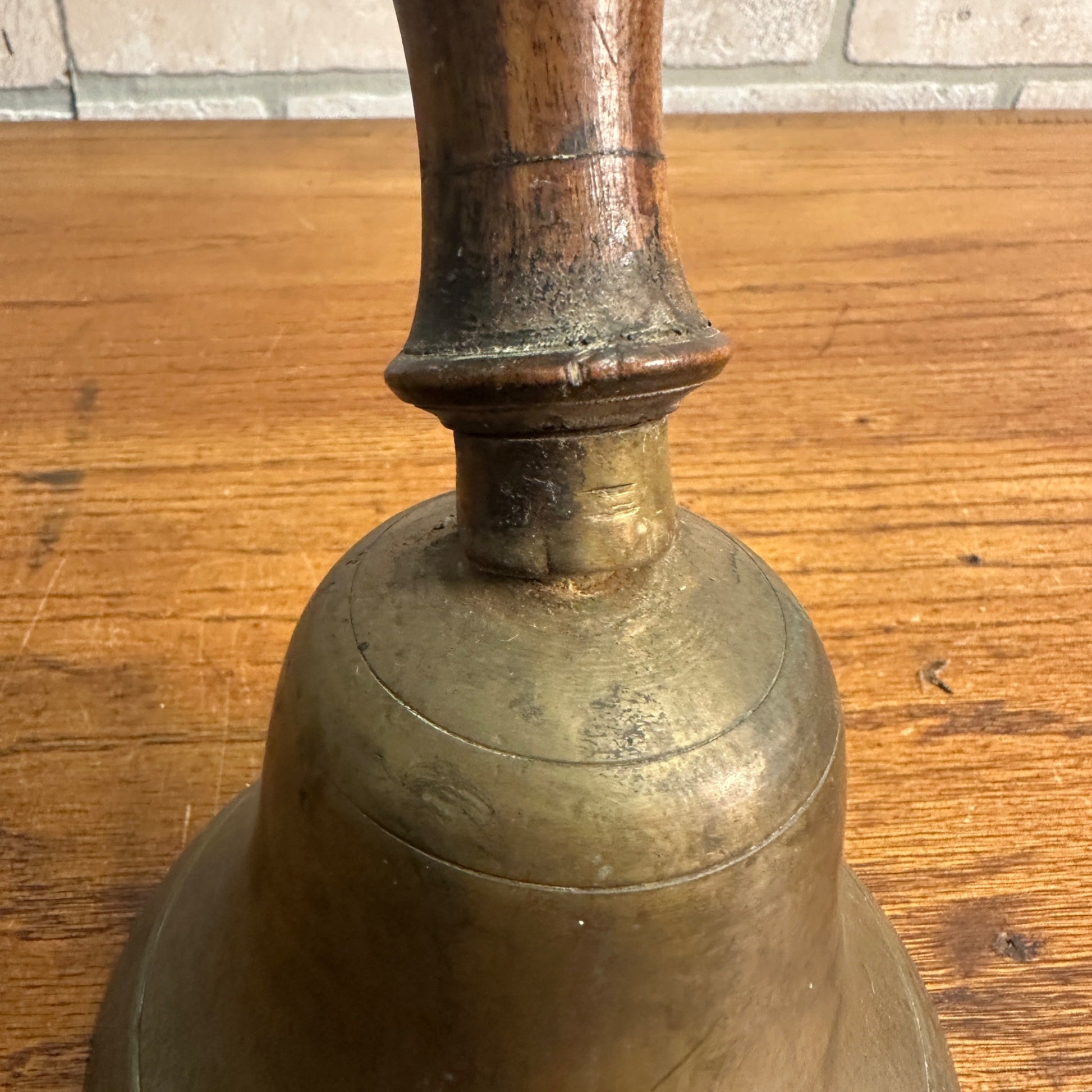 Antique Large Brass School Bell Wood Handle 8.5" Original Clapper Marked
