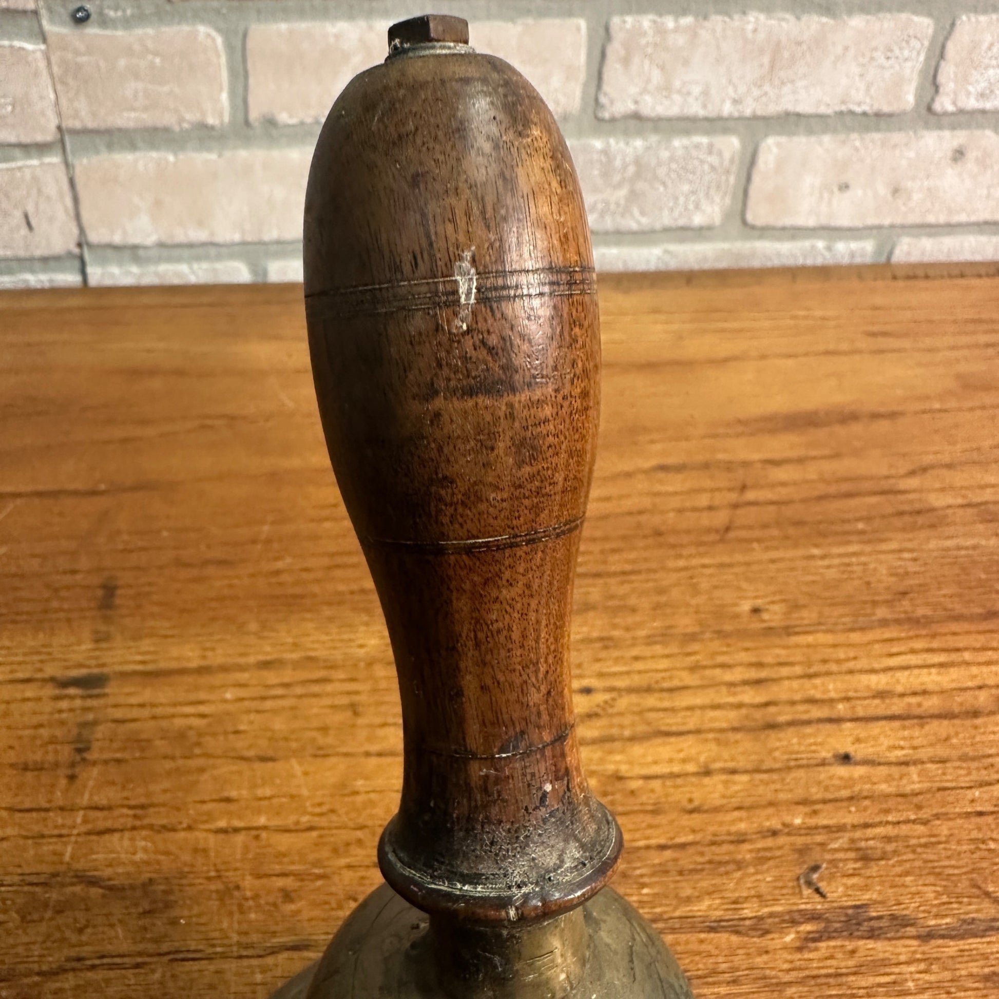 Antique Large Brass School Bell Wood Handle 8.5" Original Clapper Marked