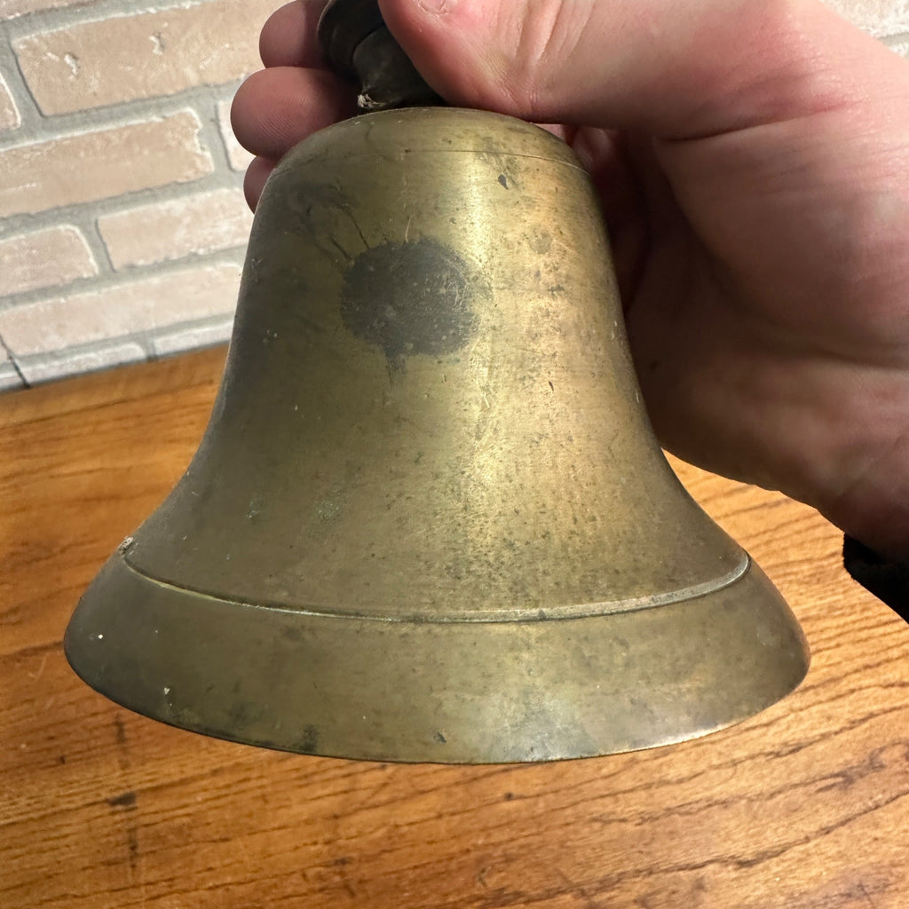 Antique Large Brass School Bell Wood Handle 8.5" Original Clapper Marked
