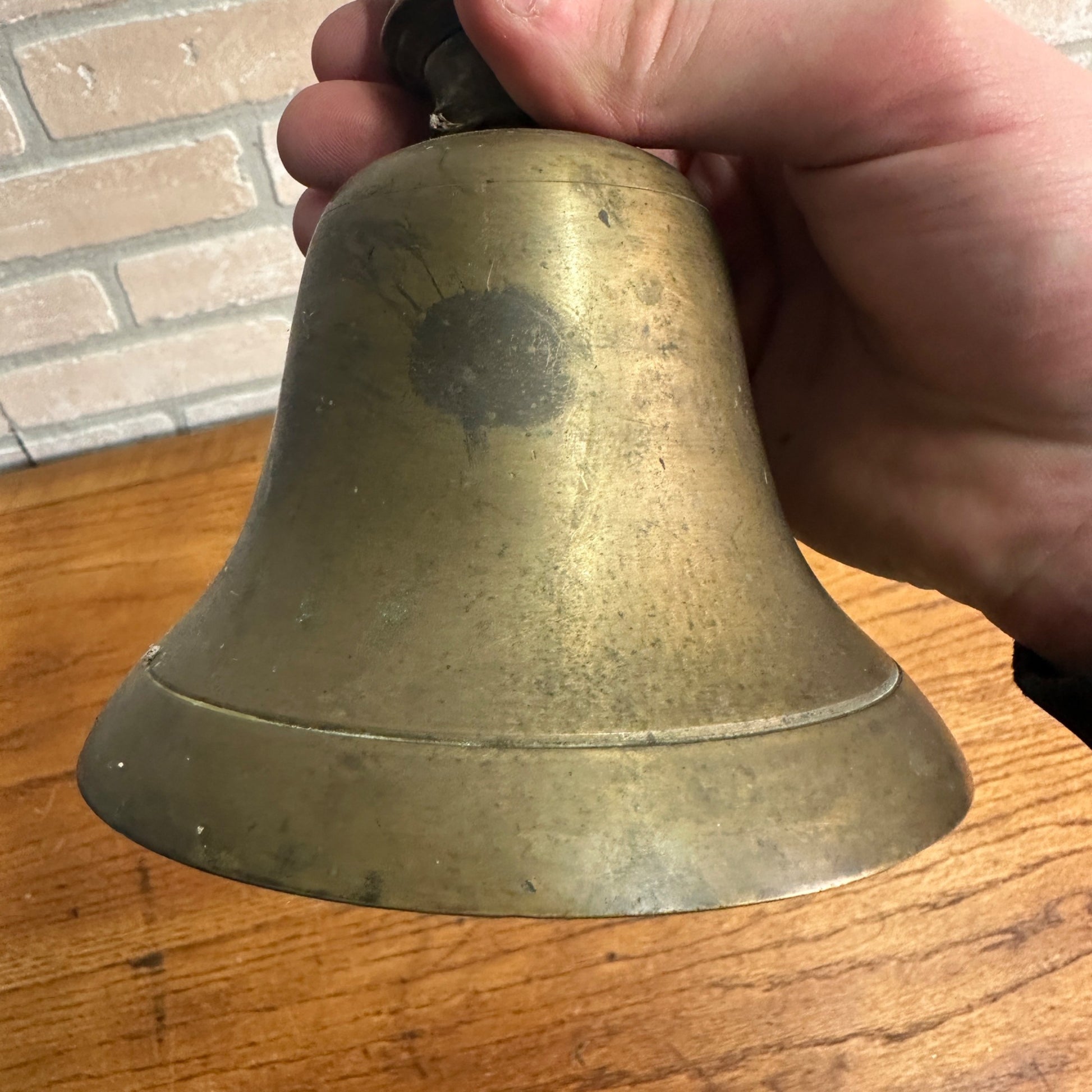 Antique Large Brass School Bell Wood Handle 8.5" Original Clapper Marked