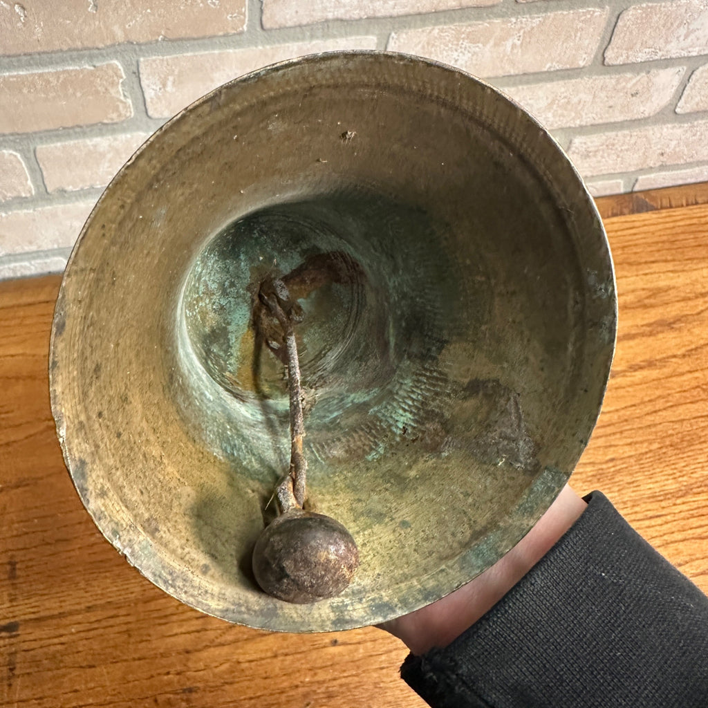 Antique Large Brass School Bell Wood Handle 8.5" Original Clapper Marked