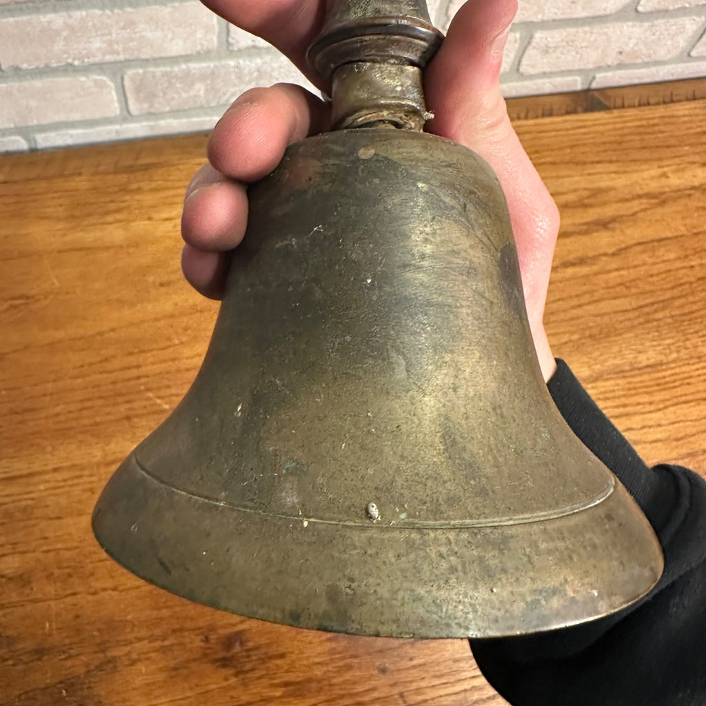 Antique Large Brass School Bell Wood Handle 8.5" Original Clapper Marked