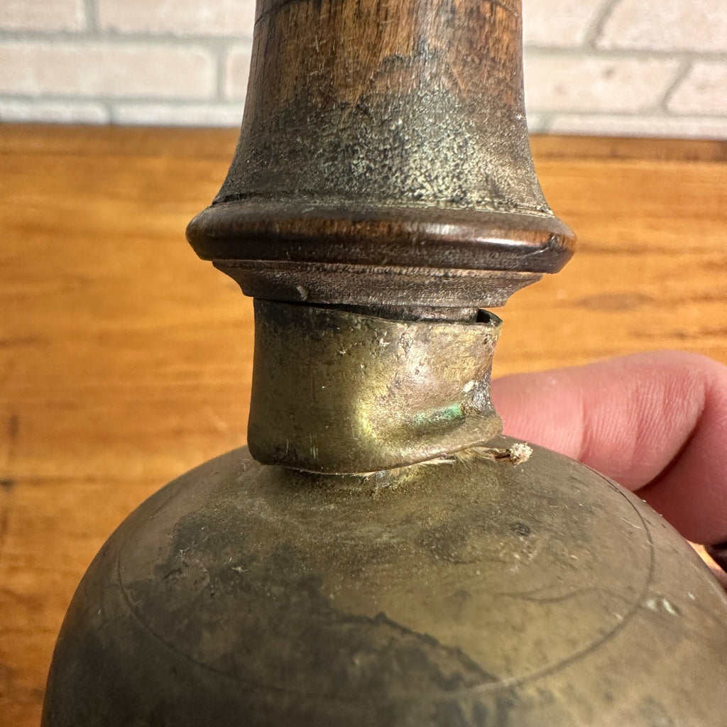 Antique Large Brass School Bell Wood Handle 8.5" Original Clapper Marked
