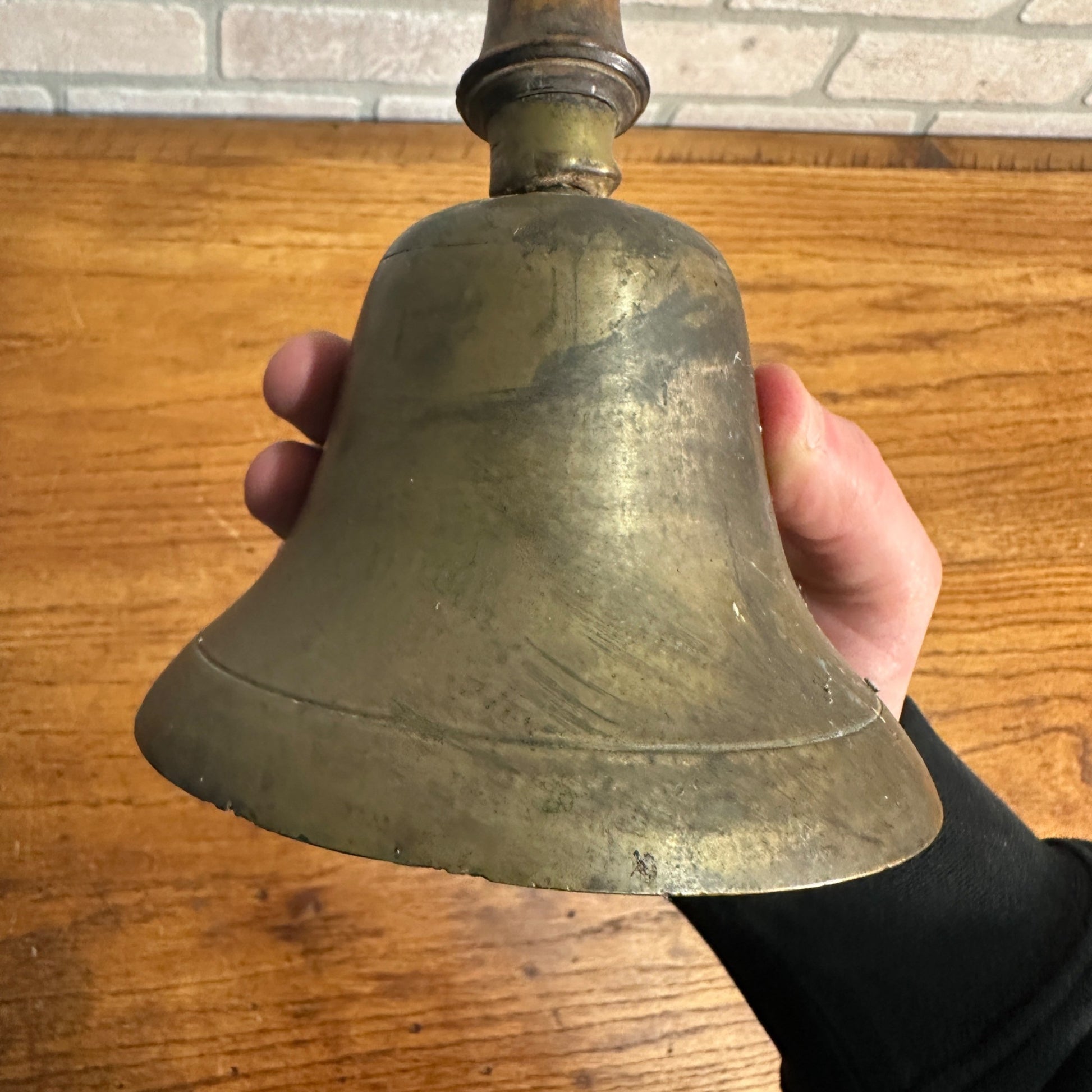 Antique Large Brass School Bell Wood Handle 8.5" Original Clapper Marked