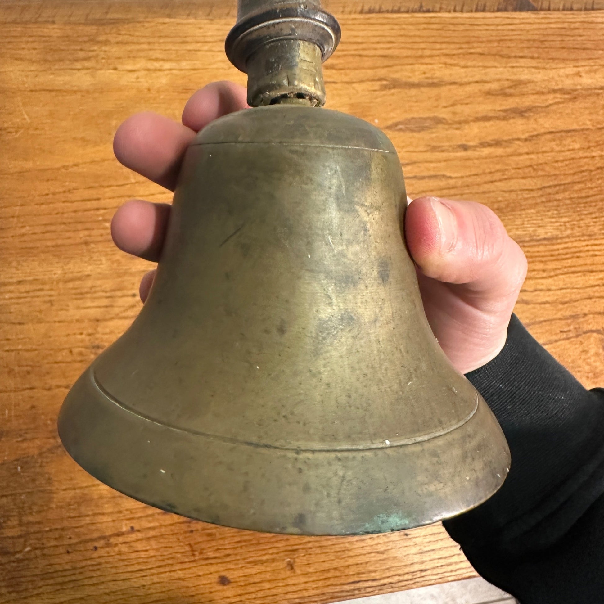 Antique Large Brass School Bell Wood Handle 8.5" Original Clapper Marked