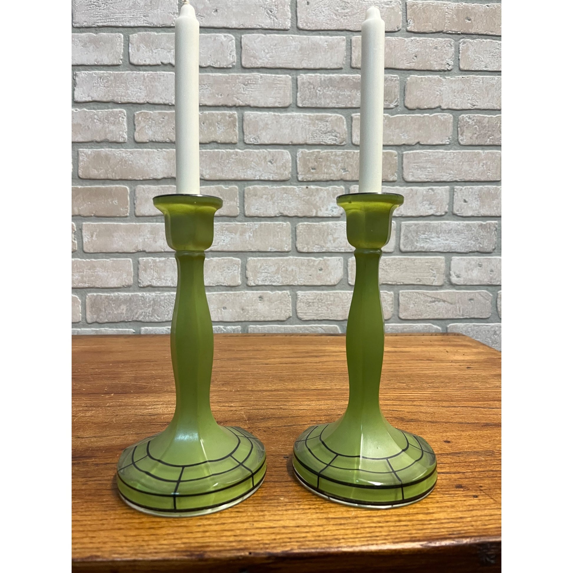 Vintage Pair of Green Bohemian Czech Candlesticks Art Deco 8.5" Czechoslovakia