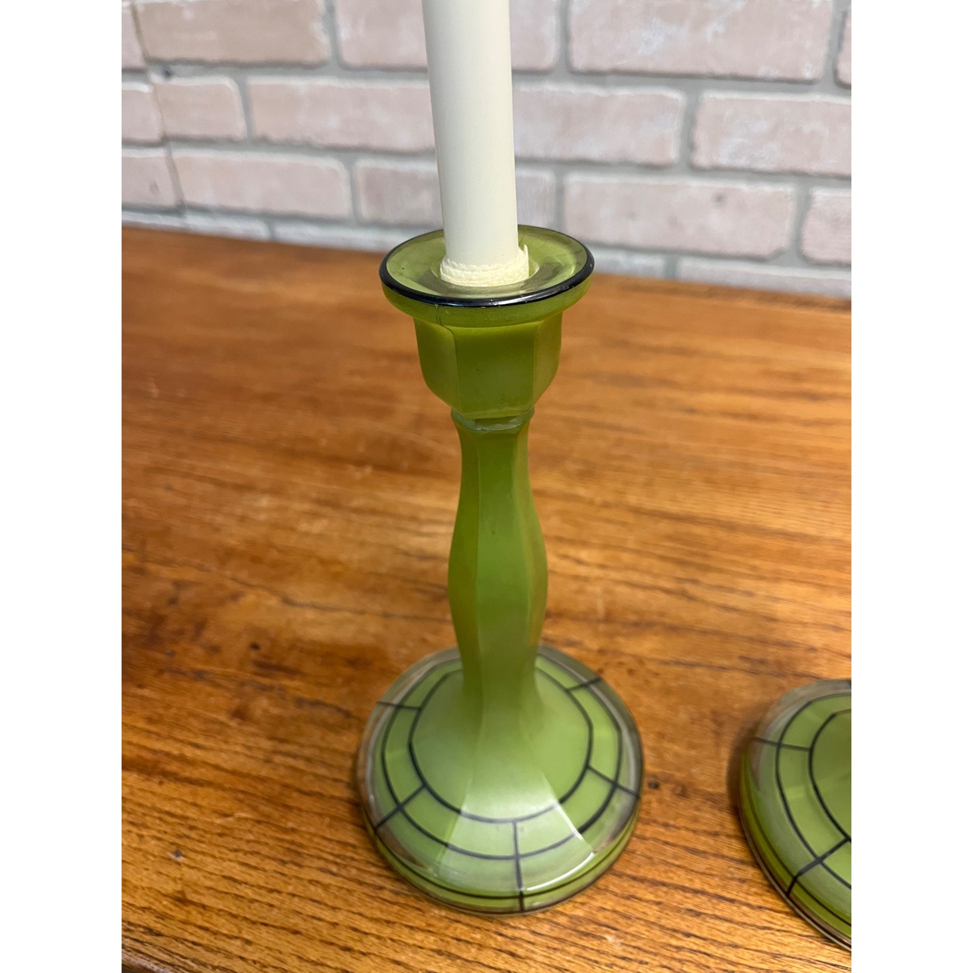 Vintage Pair of Green Bohemian Czech Candlesticks Art Deco 8.5" Czechoslovakia